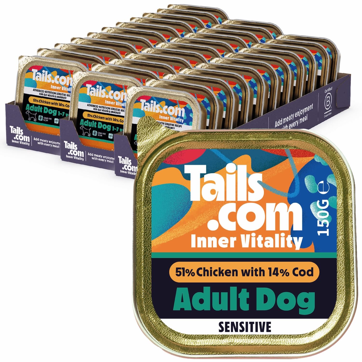 Tails.com • Wet Dog Food 33 x 150g • Sensitive Chicken & Cod • Adult 1-7 years • Grain Free Recipe • Made with natural ingredients • Contains Omega 3 to Support Skin and Coat