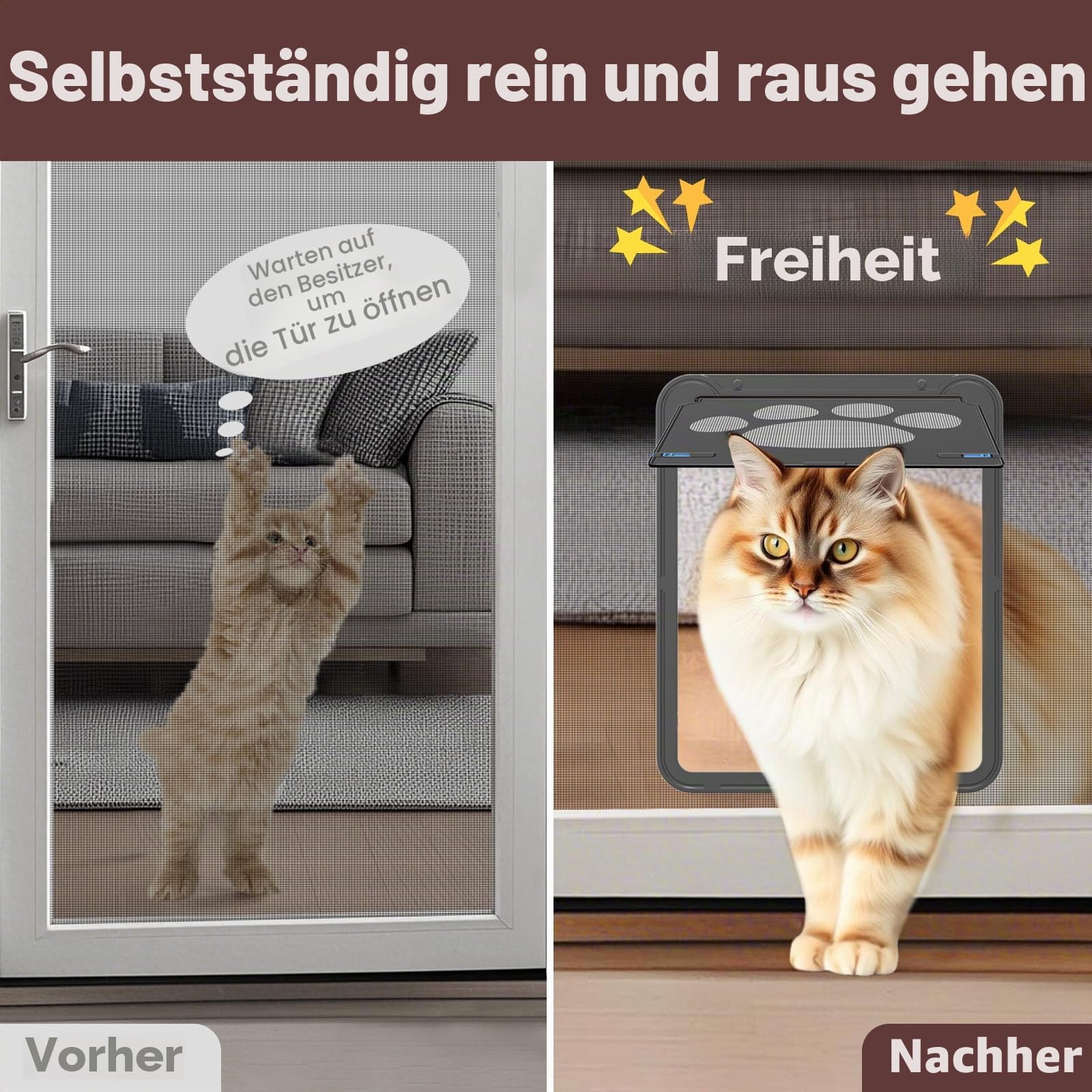 Katzenklappe Fliegengitter mit Magnetverschluss Katzentür für Fliegengitter für Schiebetür/Fenster abschließbare Tür für Kätzchen/Katzen/Hunde