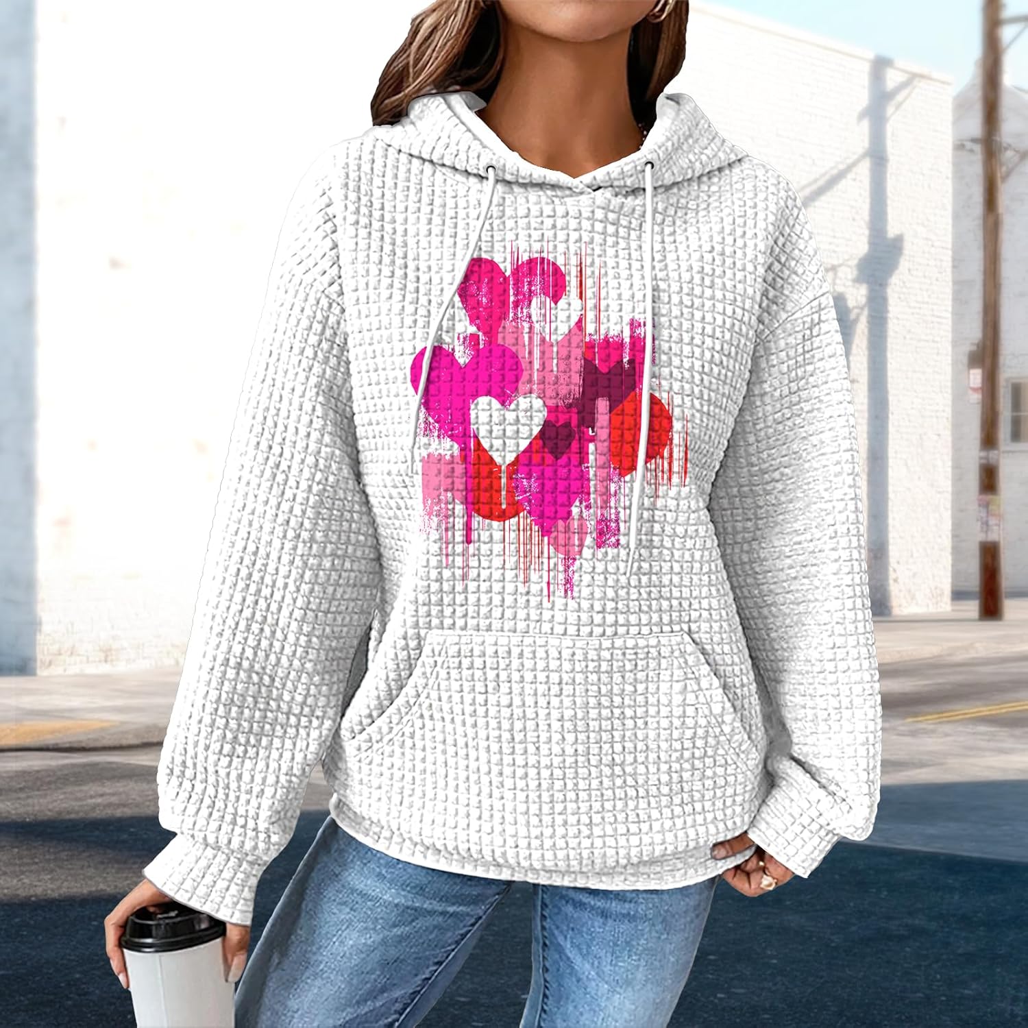 Pullover Sweatshirts For Women Drawstring Long Sleeve Waffle Sweatshirt With Pocket Vintage Street Wear Qutfits - Image 2
