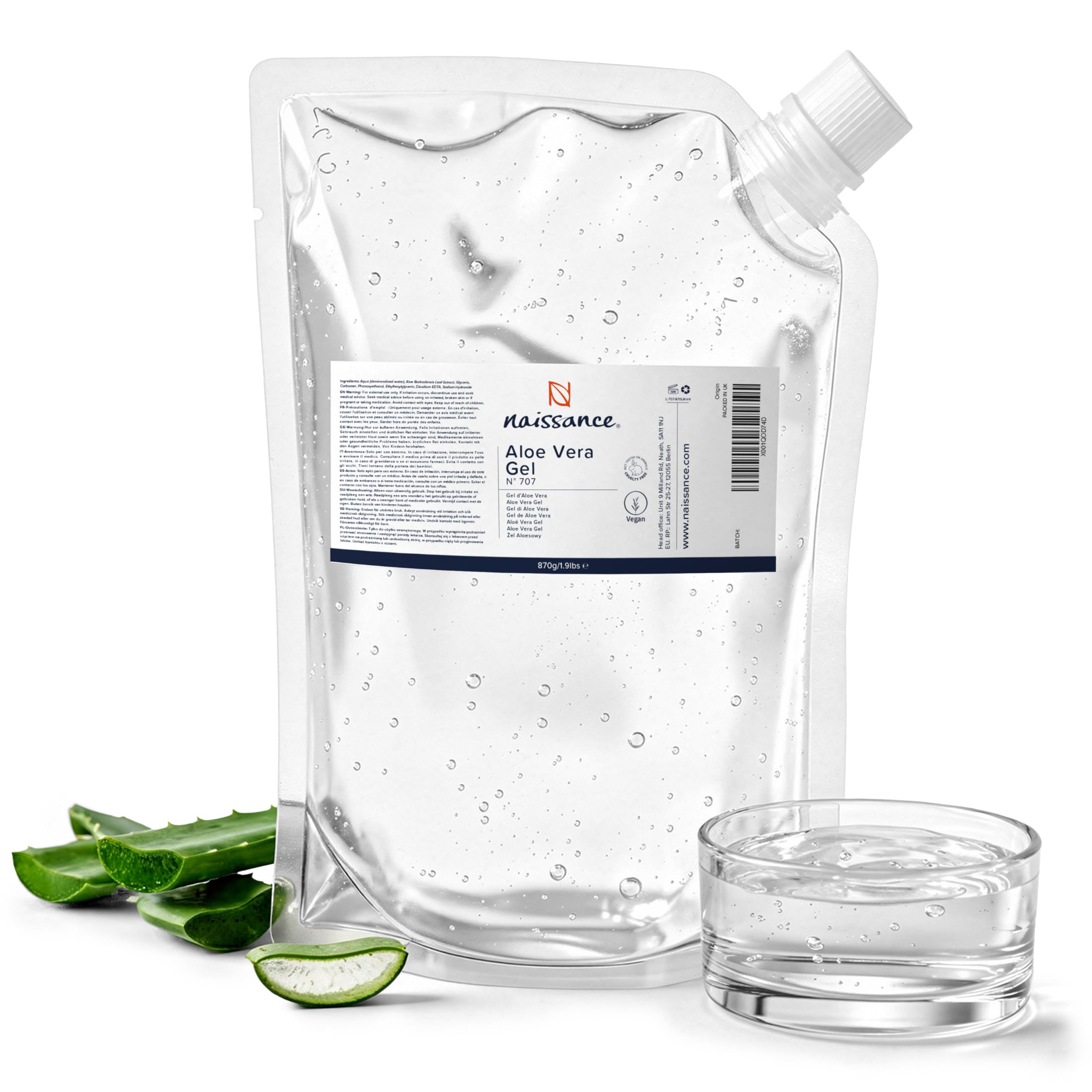 Naissance Aloe Vera Gel (Nr. 707) - 870g - Rein, Natürlich, Vegan für Haare, Gesicht, Haut, Augen, Füße, Nägel, Körper, Kosmetik - Nachfüllpack, Pflegend, Hunde, Massage
