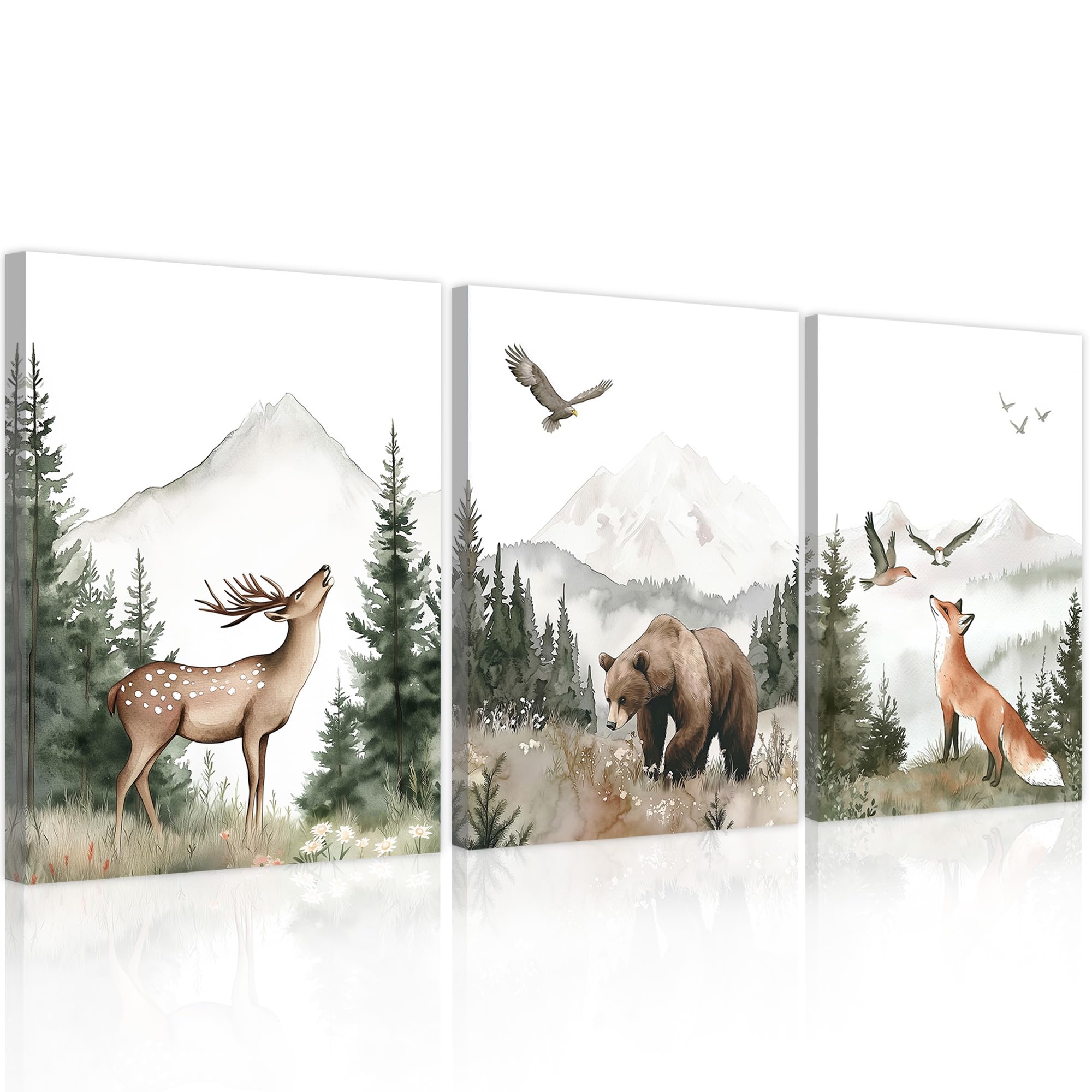 Nursery Wall Art Wild Woodland Animals Wall Decor Deer Bear Fox Watercolor Pictures Paintings Prints Adventure Theme Canvas Posters for Boys Bedroom Girls Living Room 12x16 inches 3Pcs Framed