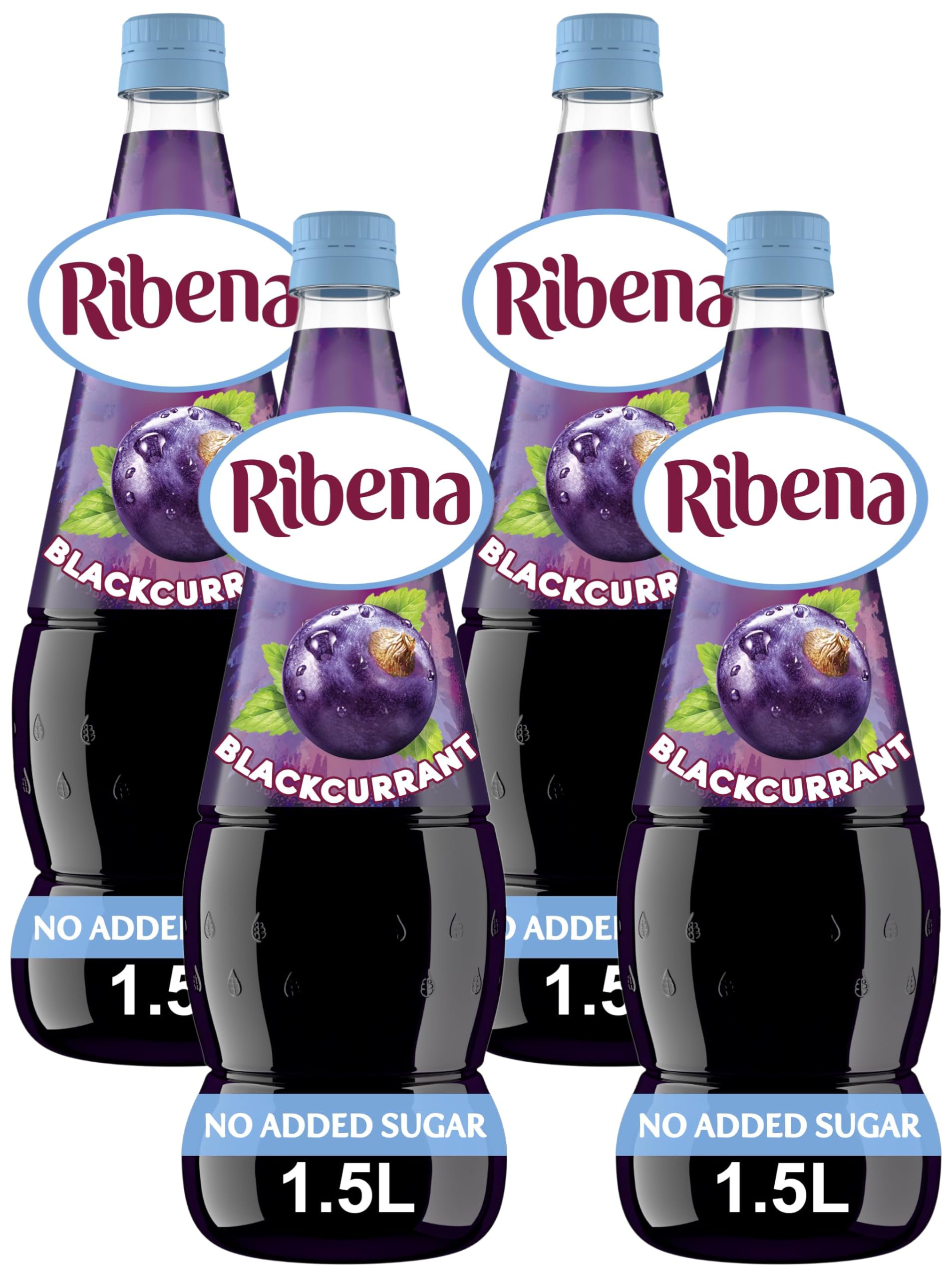 Ribena Blackcurrant Squash No Added Sugar 1.5L – Real British Blackcurrants | Rich in Vitamin C | No Artificial Colours or Flavours | 100% Recycled Plastic Bottle (Pack of 4)