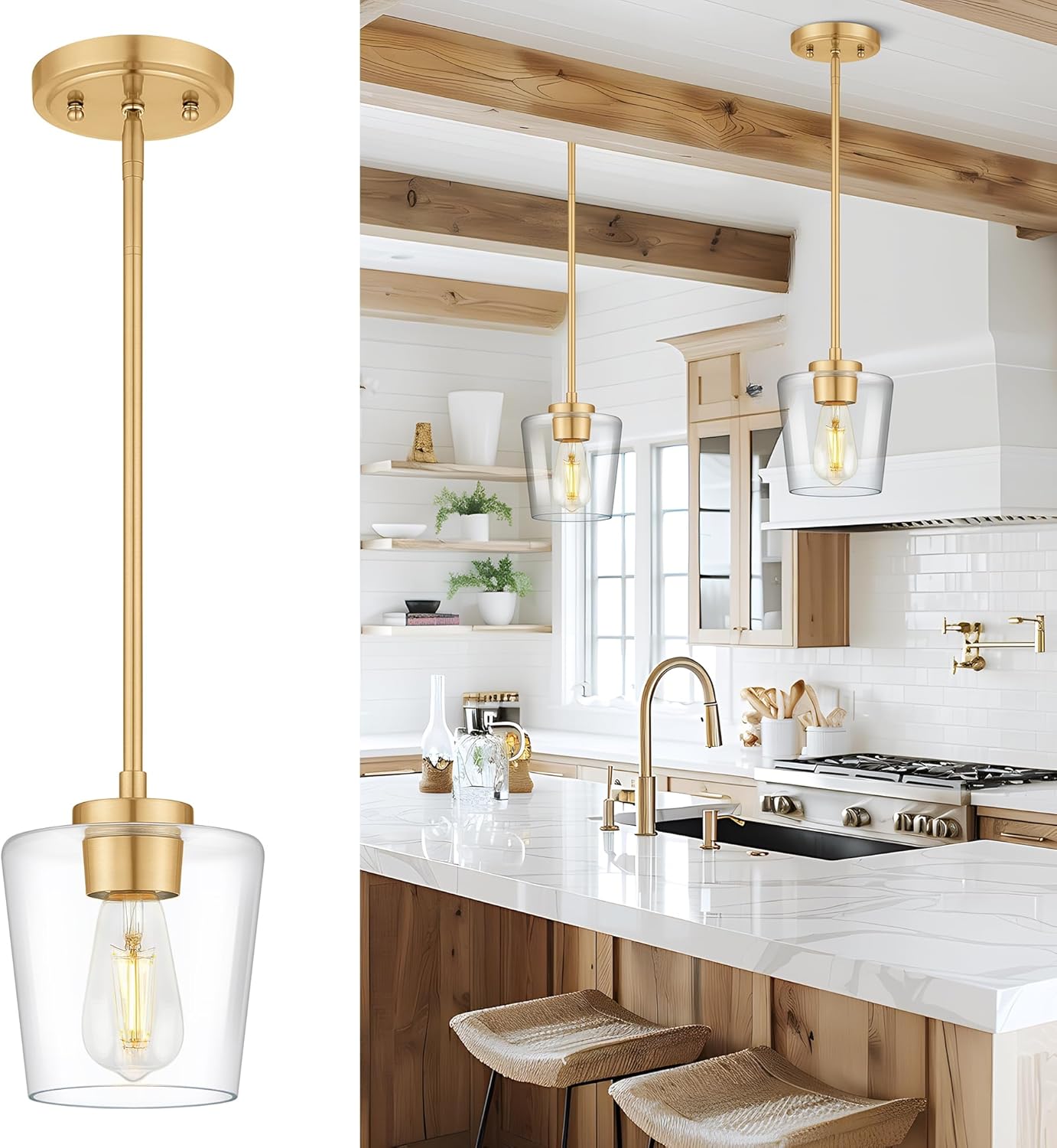 Gold Pendant Lights Kitchen Island, 6" Hanging Lights Fixtures with Clear Glass Shade, Modern Brass Kitchen Pendant Lighting Over Island for Dining Room, AD-22004-1P-GD-C