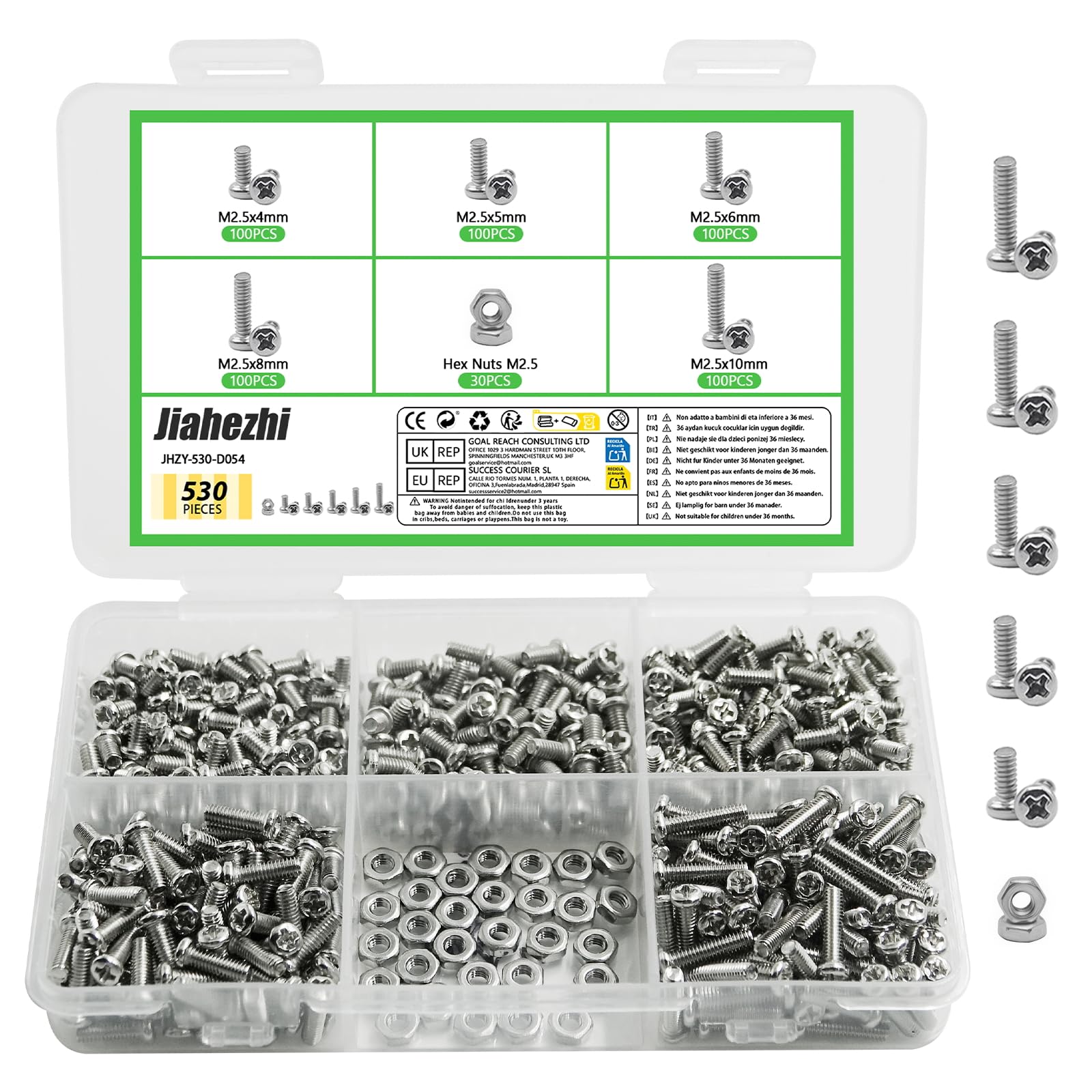 530 Pcs M2.5 Metric Micro Screws & Nuts Assortment, 304 Stainless Steel Phillips Pan Head Fully Threaded Kit for Arduino, RC Models, Electronics, DIY Projects - High Quality Fasteners