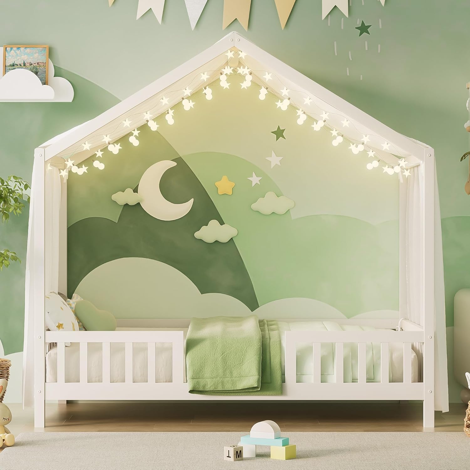 Twin Size Montessori House Bed Frame, Wood Low Profile Bed with Rails, LED Light and Roof, House Canopy Bed Frame for Kids,Boys & Girls, White
