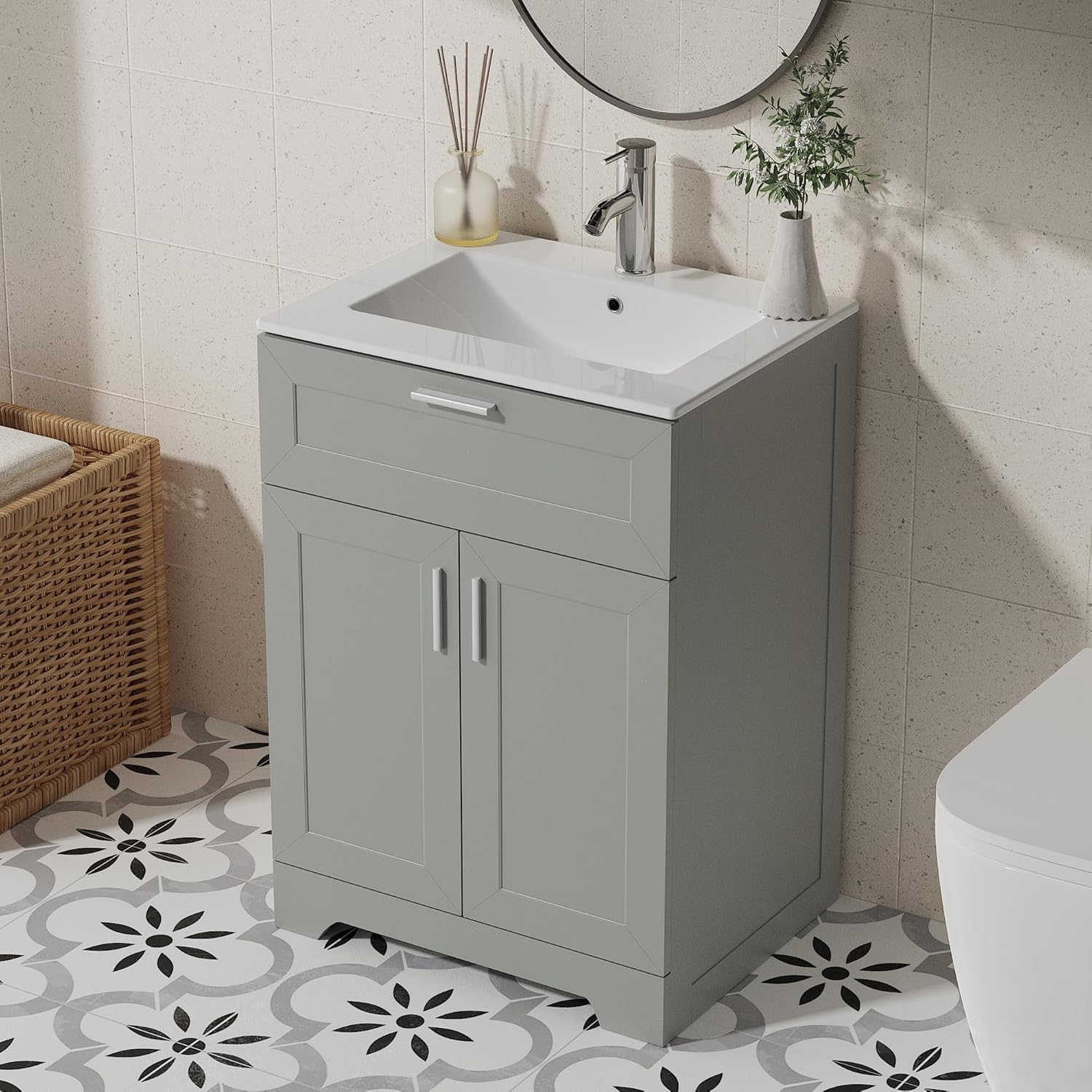 24 Inch Bathroom Vanity with Ceramic Sink, Under Sink Vanity Cabinet, Freestanding Vanity for Bathrooms, Bathroom Storage Vanity with 2 Doors and1 Drawer (Grey, 24", with Sink)