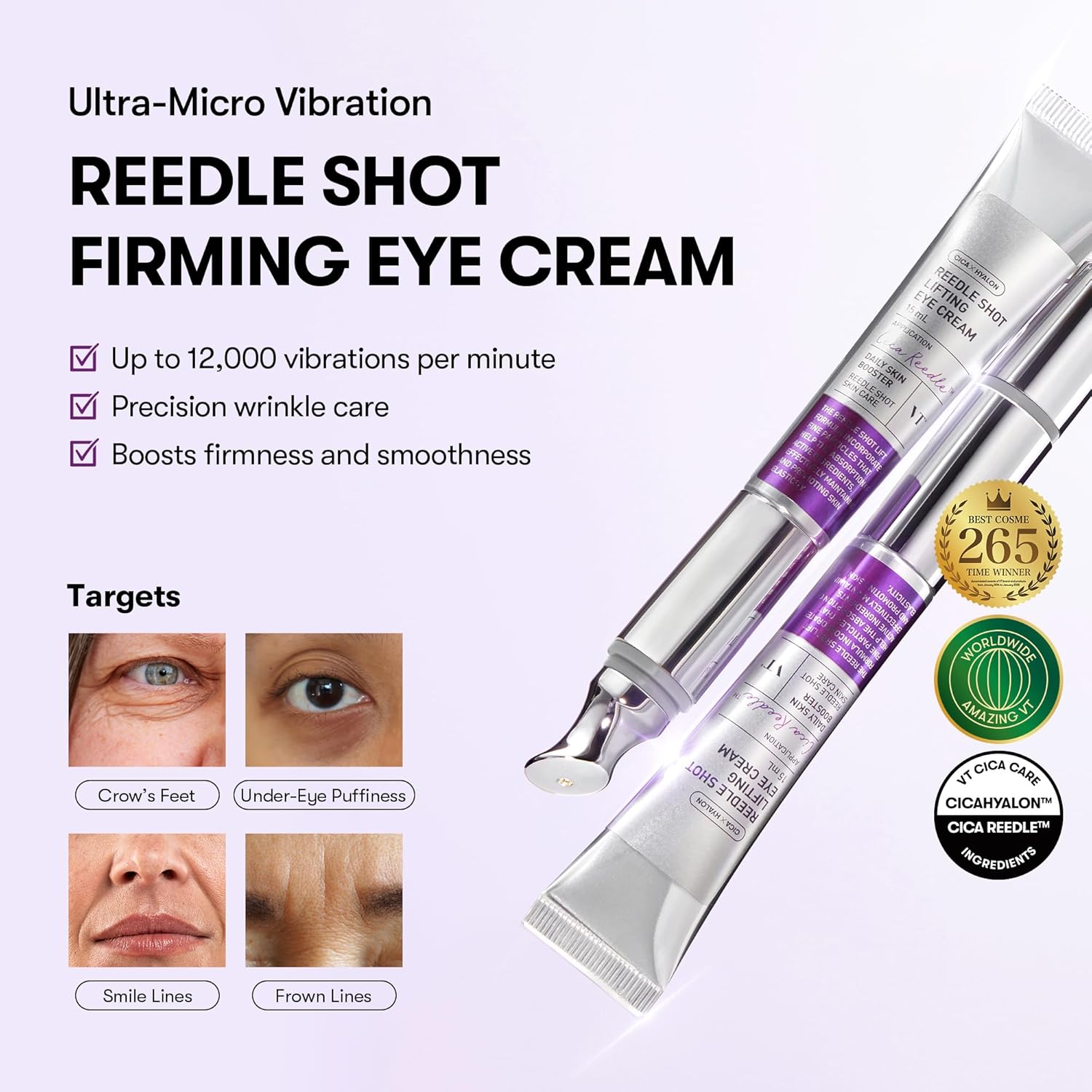 VT COSMETICS Reedle Shot Firming Eye Cream (0.51 fl oz / 15 ml), Micro-Vibration Eye Treatment for Wrinkles & Elasticity, Peptide & Hyaluronic, Korean Skincare