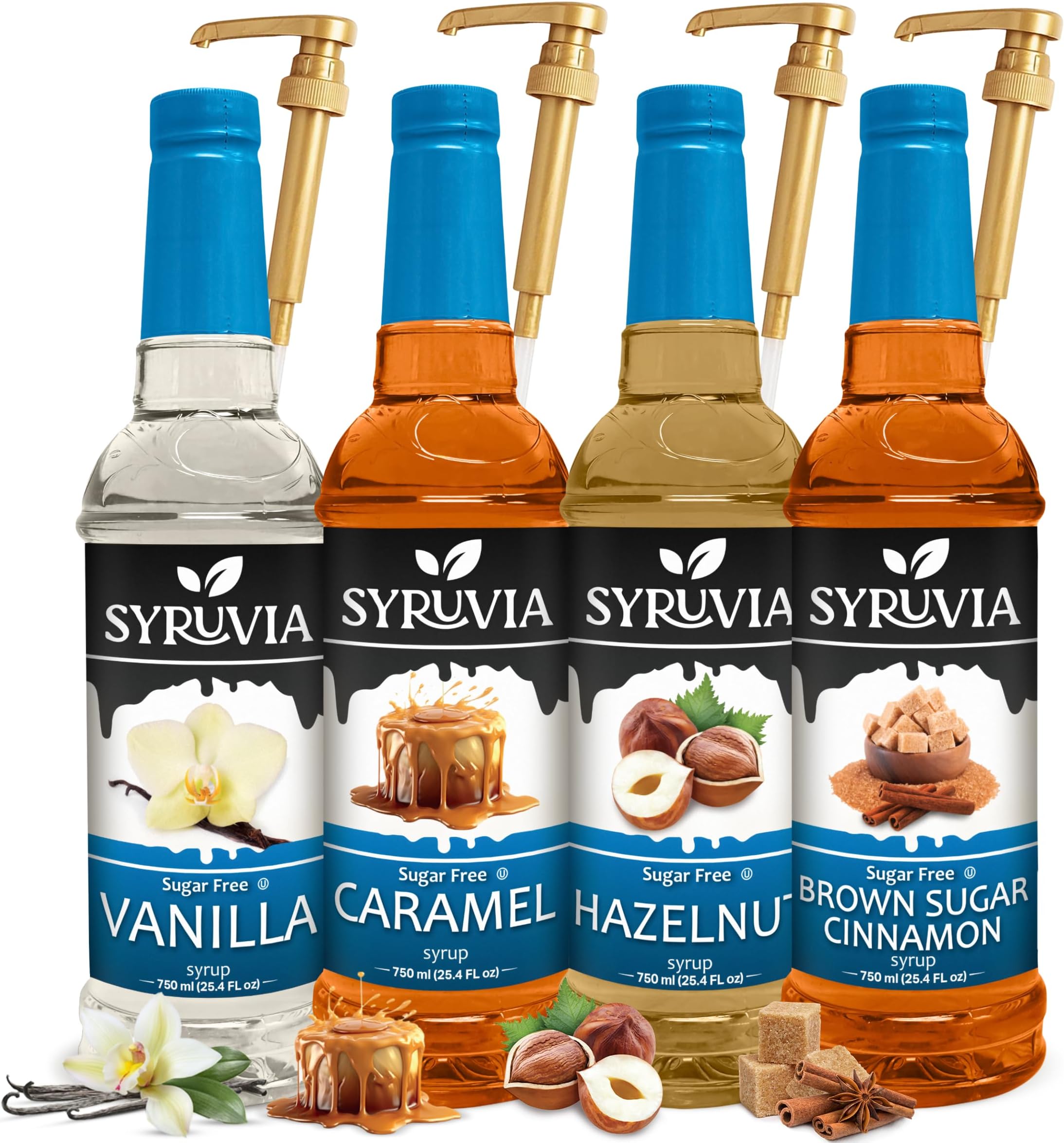 SYRUVIASugar Free Coffee Syrup Variety Pack: Vanilla, Caramel, Hazelnut, and Brown Sugar Cinnamon - Gluten-Free, Kosher, 25.4 fl oz Bottles - Enhance Your Coffee Experience - With Syrup Pump