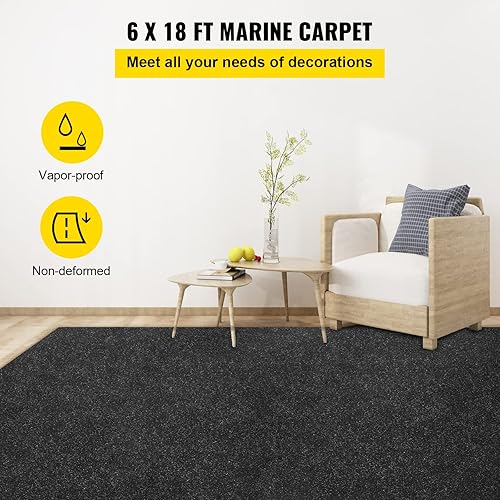 Miniatura 2 de Happybuy Alfombra marina, de 6 pies x 36 pies, color negro carbón de grado marino, alfombra marina con pelo de corte suave y respaldo TPR a prueba