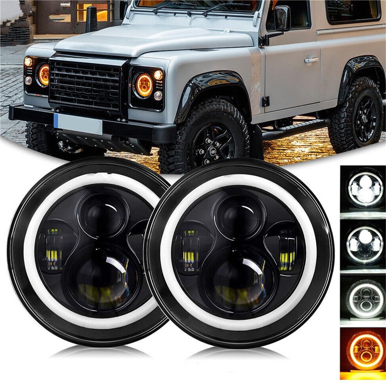 LED Oświetlenie pomocnicze Do Land rovera Defendera 90 110 | Okrągłe reflektory Halo Angel Eyes 7-calowy reflektor LED(2pcs Chrome)