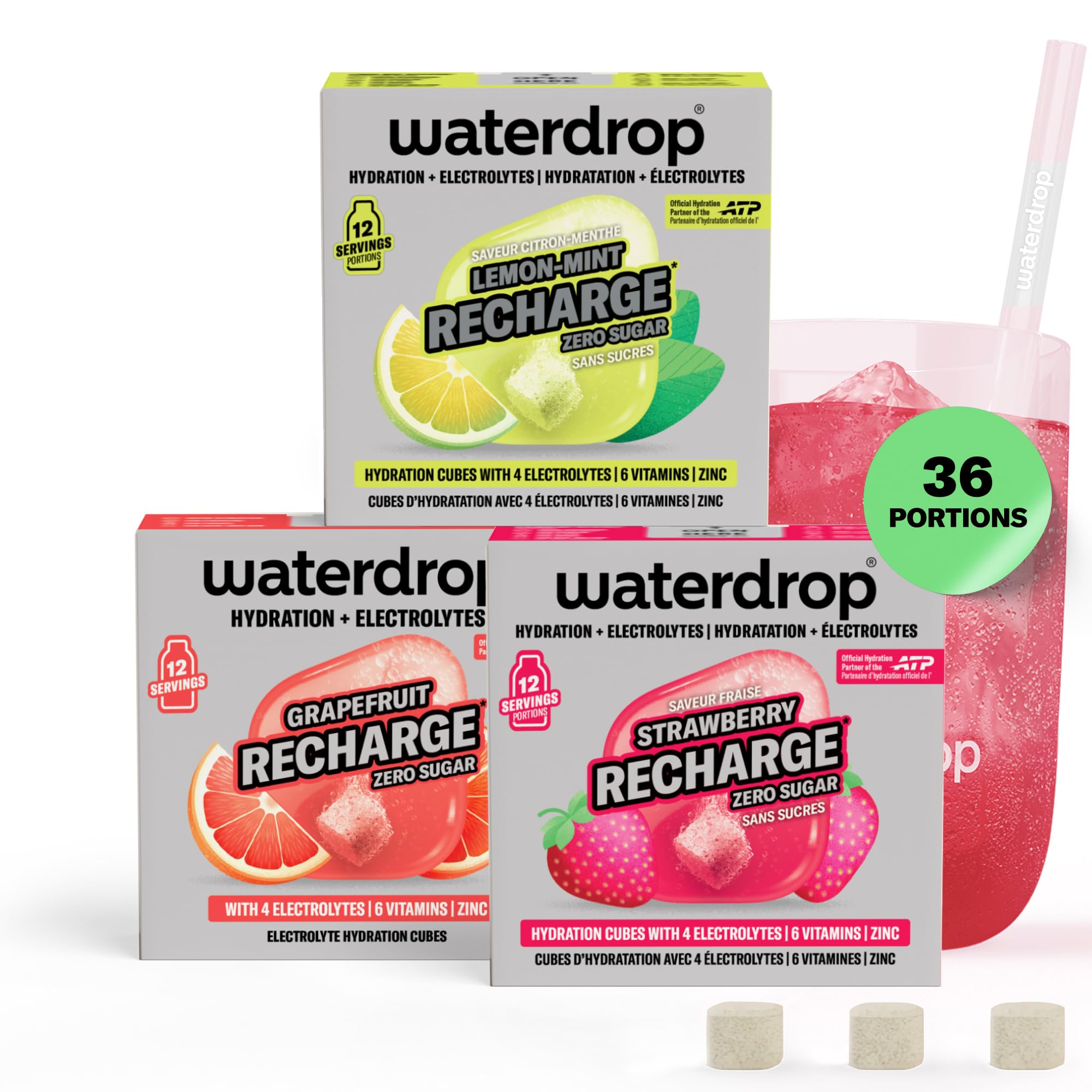 waterdrop® Microlyte Mix – Électrolytes sans sucre pour hydratation sport – 36 cubes de boisson avec magnésium, calcium, zinc et sodium – Arômes Fraise, Pamplemousse & Citron-Menthe rafraîchissants
