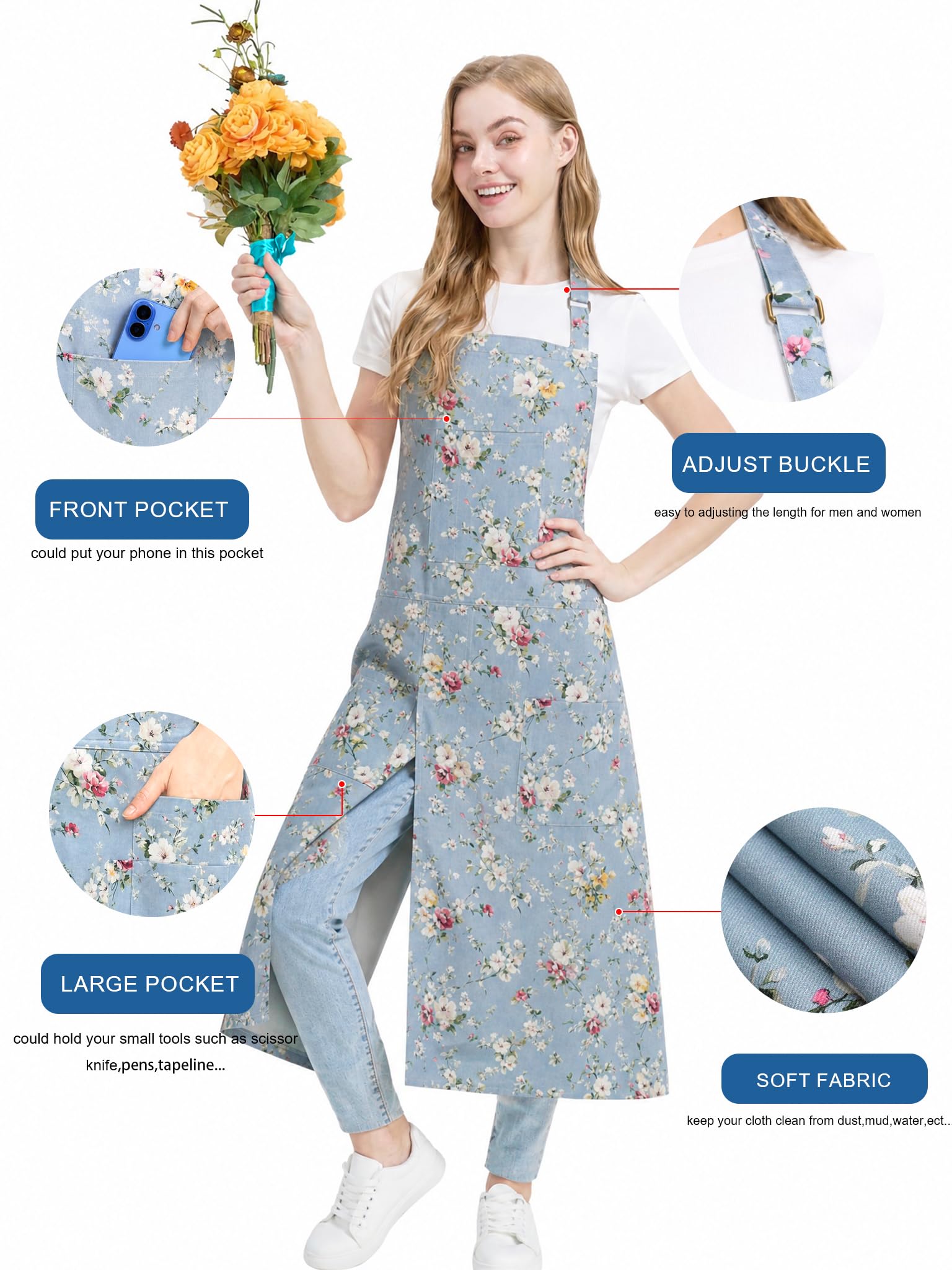 Molaxhome Split Pottery Apron with 3 Pockets Unisex with Adjustable Strap, Bluerose - Image 4