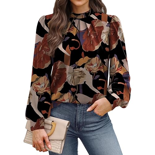 WIHOLL Long Sleeve Shirts for Women Mock Neck Tops Pleated Front Blouses Dressy Casual Spring Fall Clothes 2026 Fashion