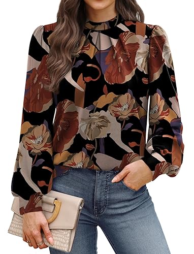WIHOLL Long Sleeve Shirts for Women Mock Neck Tops Pleated
