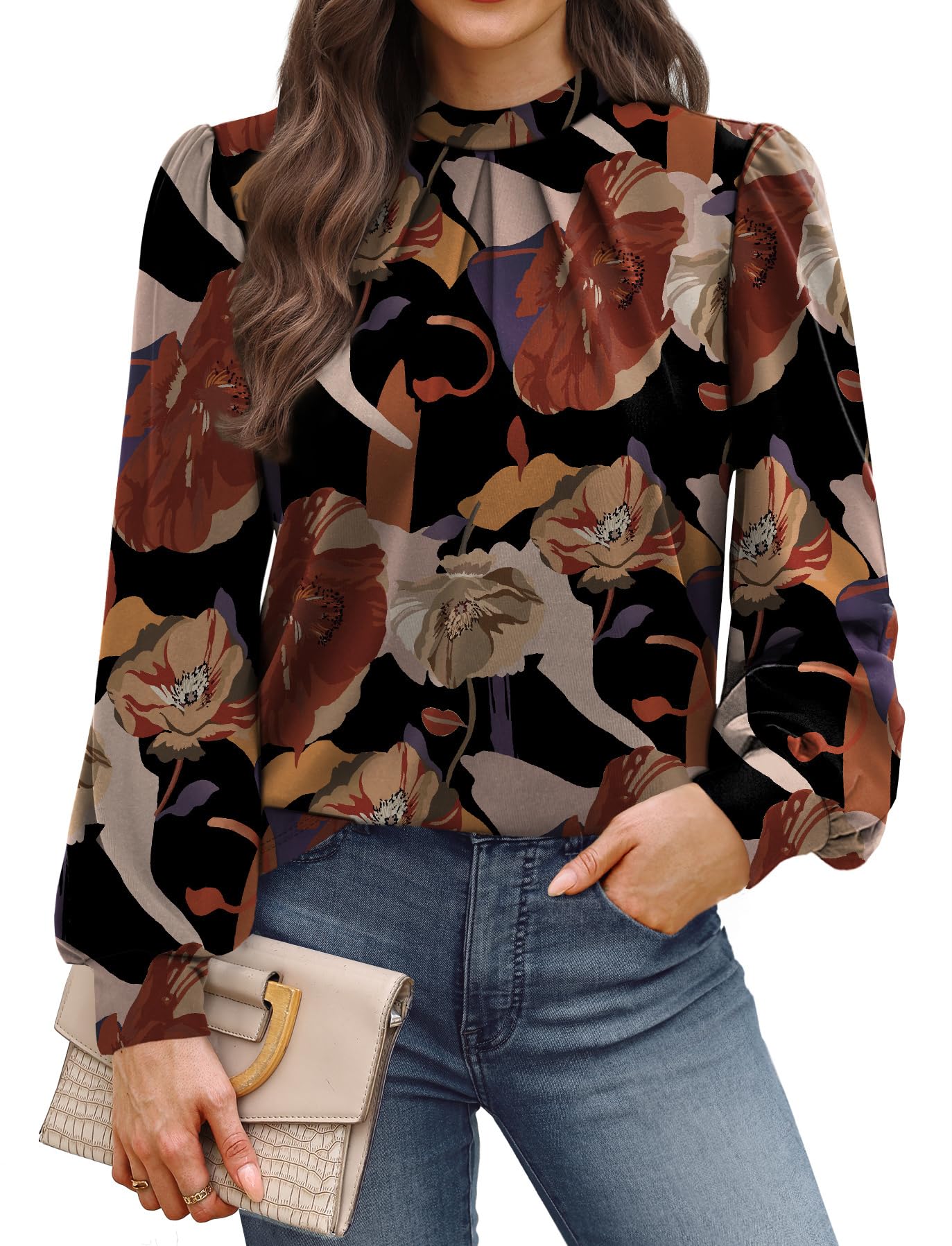 WIHOLL Long Sleeve Shirts for Women Mock Neck Tops Pleated Front Blouses Dressy Casual Spring Fall Clothes 2026 Fashion