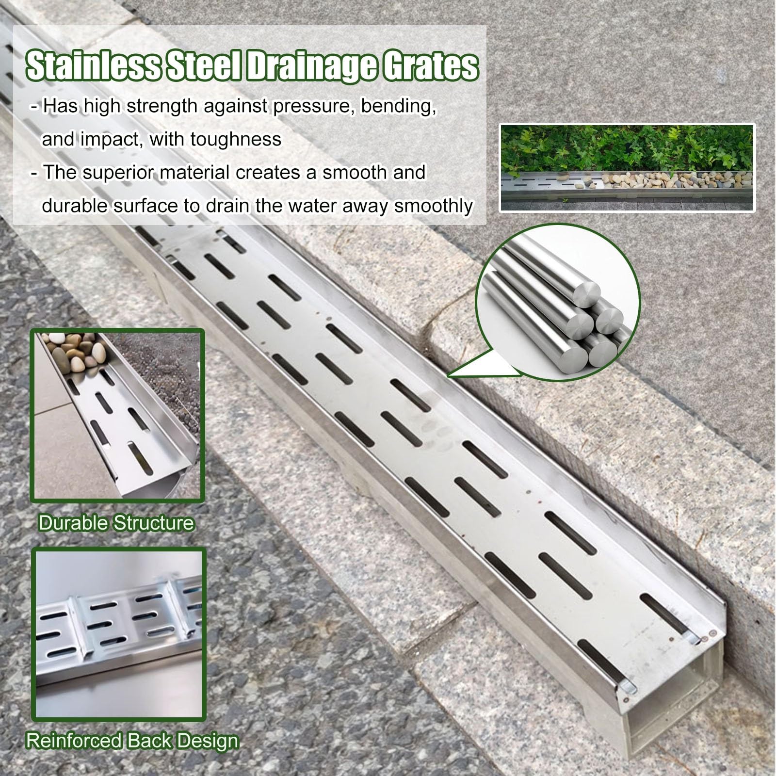 Rejilla de Drenaje para Zanja, Drenaje Exterior de 1 Metro con Rejilla metálica - Sumidero en Forma de U para entradas de vehículos de hormigón, macizos de Flores, guijarros y Piedras, Kit d