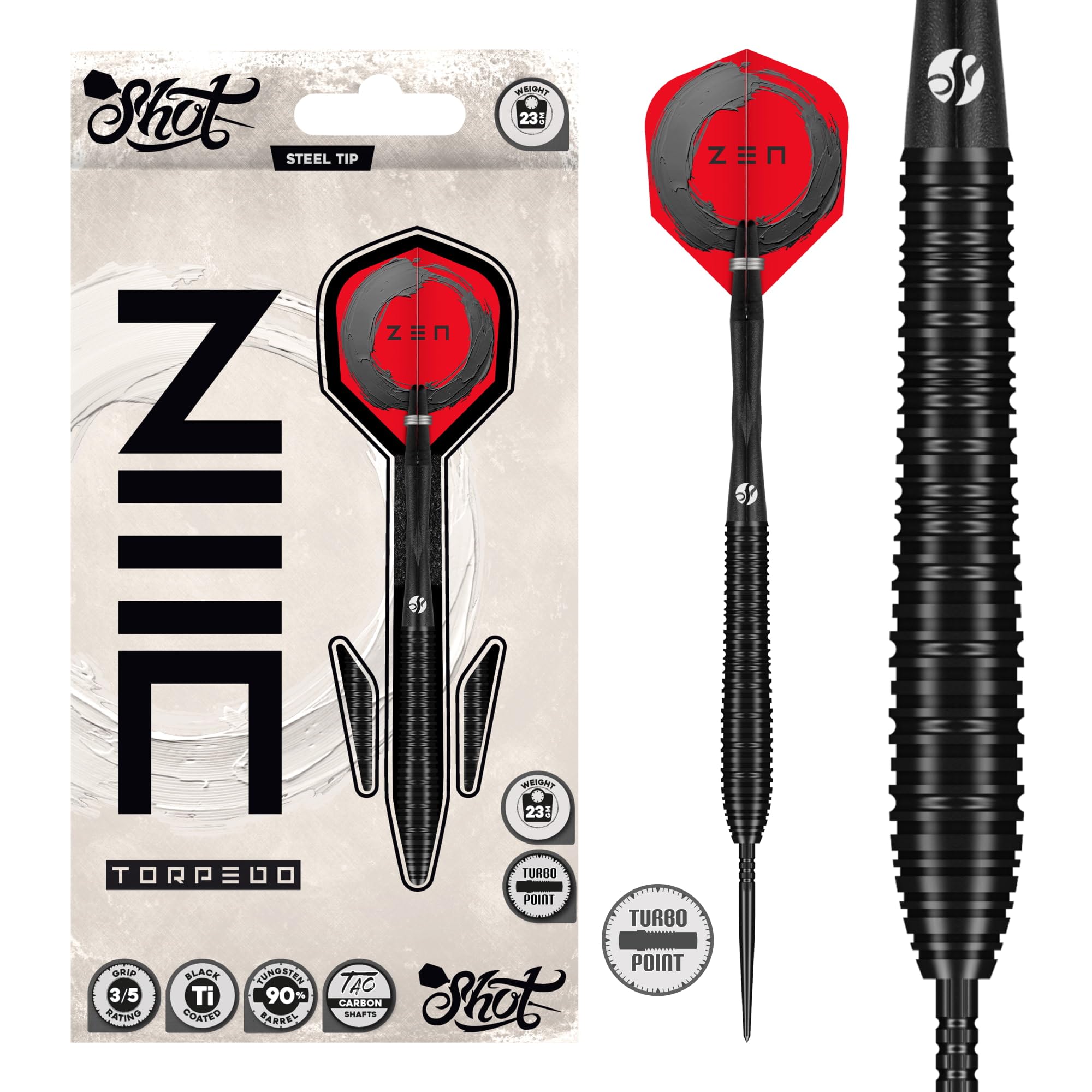 Shot! Zen Torpedo Steel Tip Dart Set-90% Tungsten Barrels, Tungsten Barrels Handcrafted Professional Dart Set & Flights, Steel Tip Darts for Bristle Dartboard