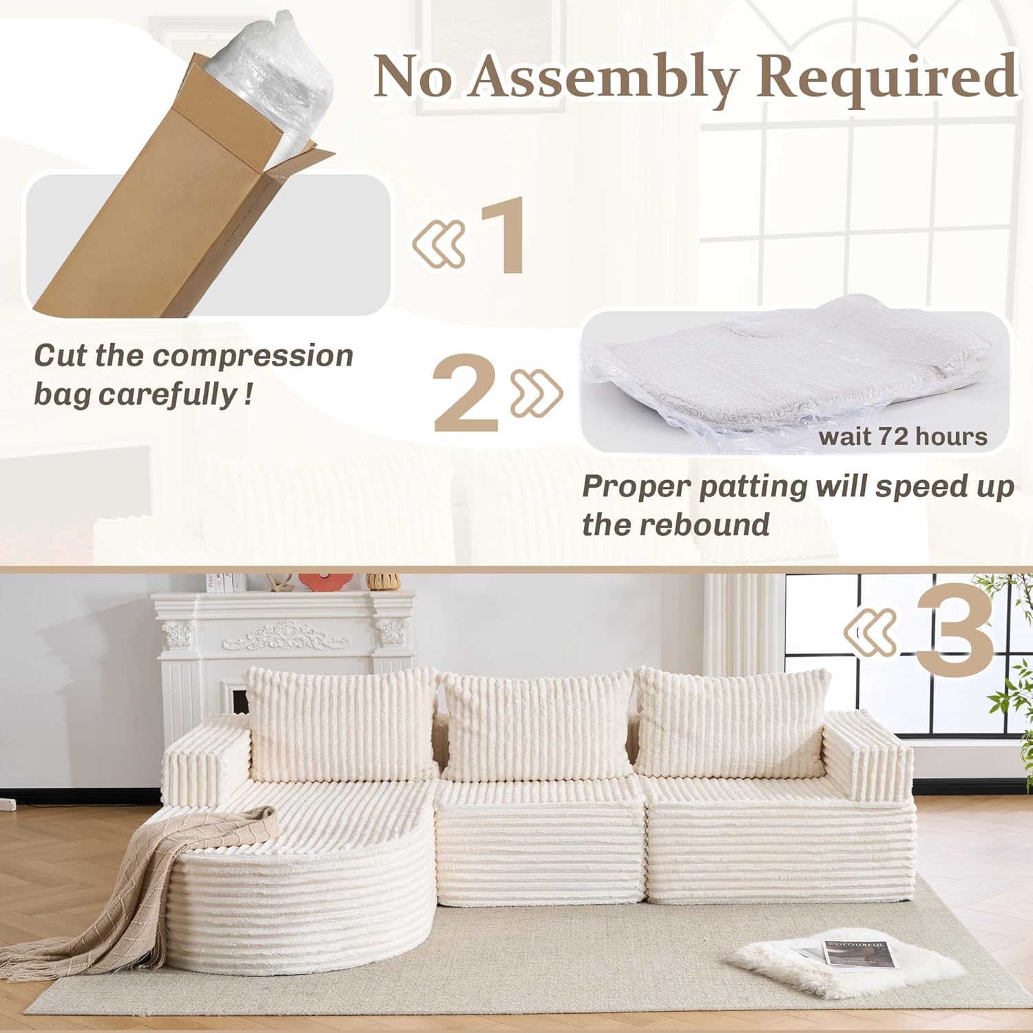 103”Oversized Cloud Couch, Modular L-Shaped Sectional Sofa with Chaise, Deep Seat Corduroy Boneless Couch, No Assembly Convertible Sofa for Living Room(Beige)