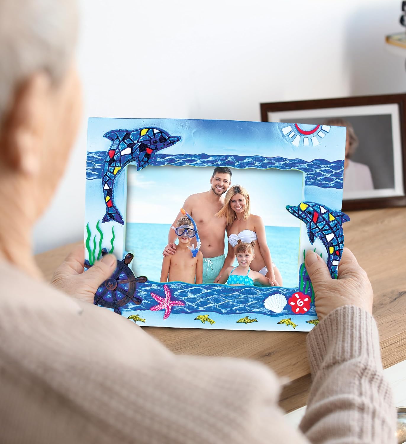 Puzzled Blue 4x6 Mosaic Photo Frame - Handcrafted Beach-Themed Fun Picture Frames for Tabletop Display, Cute Dolphin Picture Frame For Memorable Ocean Pictures with Family and Friends - 8 Inches