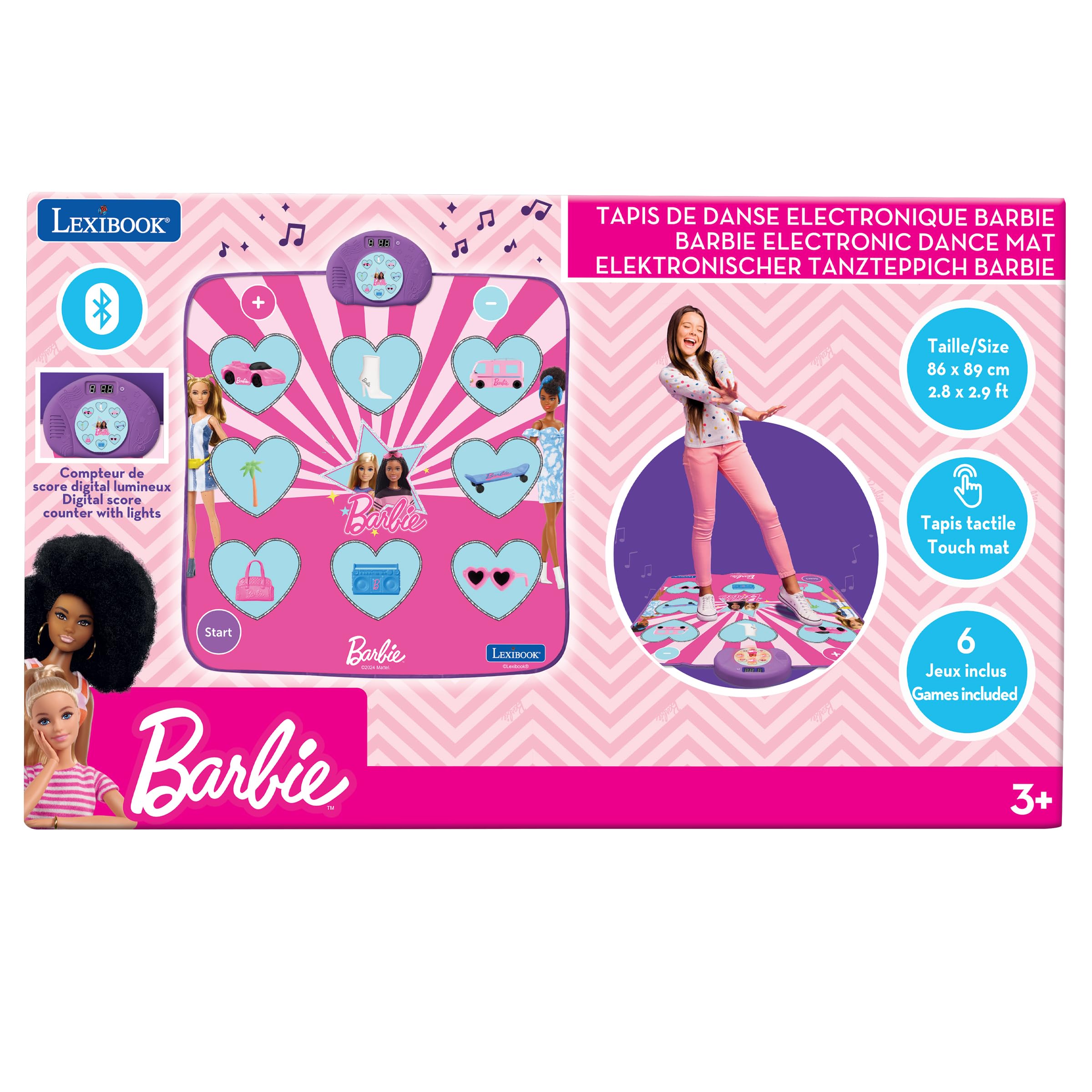 Lexibook, Mattel Barbie, Tappeto da danza elettronico Barbie, Bluetooth e luminoso con 6 modalità di gioco, Rosa, DM10BB