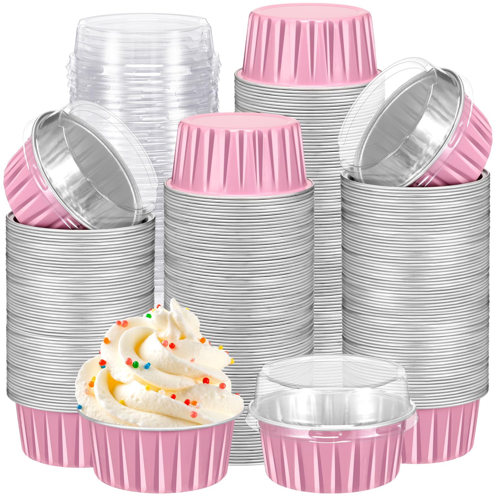 Gejoy 400 moldes desechables con tapas, tazas de aluminio para hornear de 5 onzas, mini forros para cupcakes, creme brulee, tartas de queso, magdalenas, moldes de flan, contenedor de lata de postre