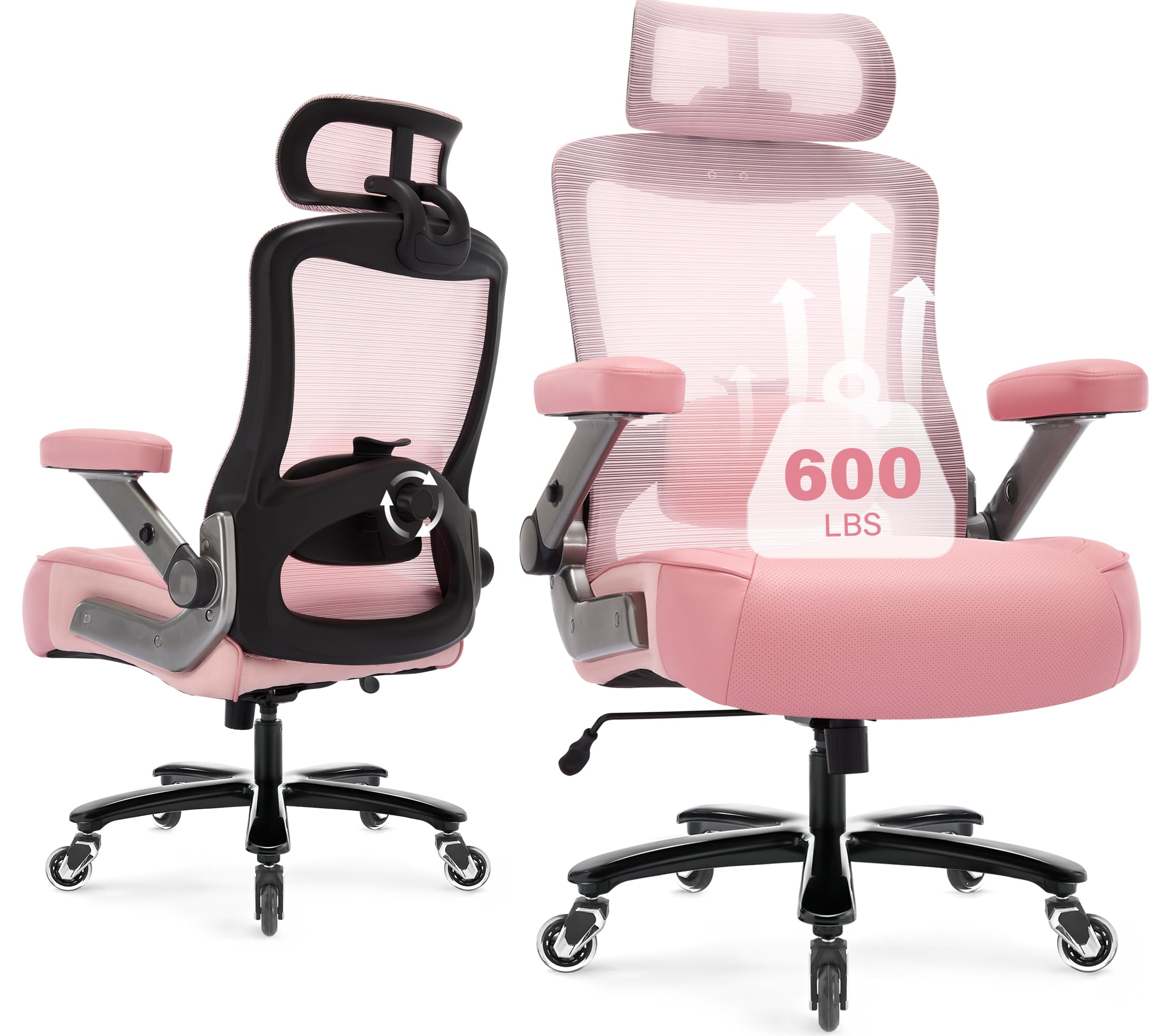 600lbs Big and Tall Office Chair- Heavy Duty Executive Computer Chair with 3D Flip Arms Large Wheels, Ergonomic Mesh High Back Desk Chair, Extra Wide
