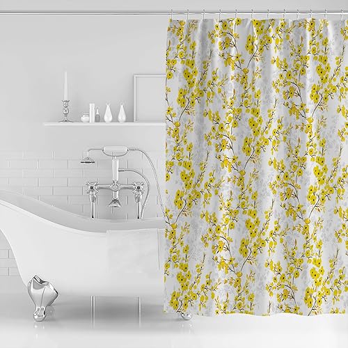 Miniatura 2 de Cortinas de ducha florales para baño, estilo acuarela, flores amarillas y grises, juego de cortinas de ducha de tela impermeable con 12 ganchos,