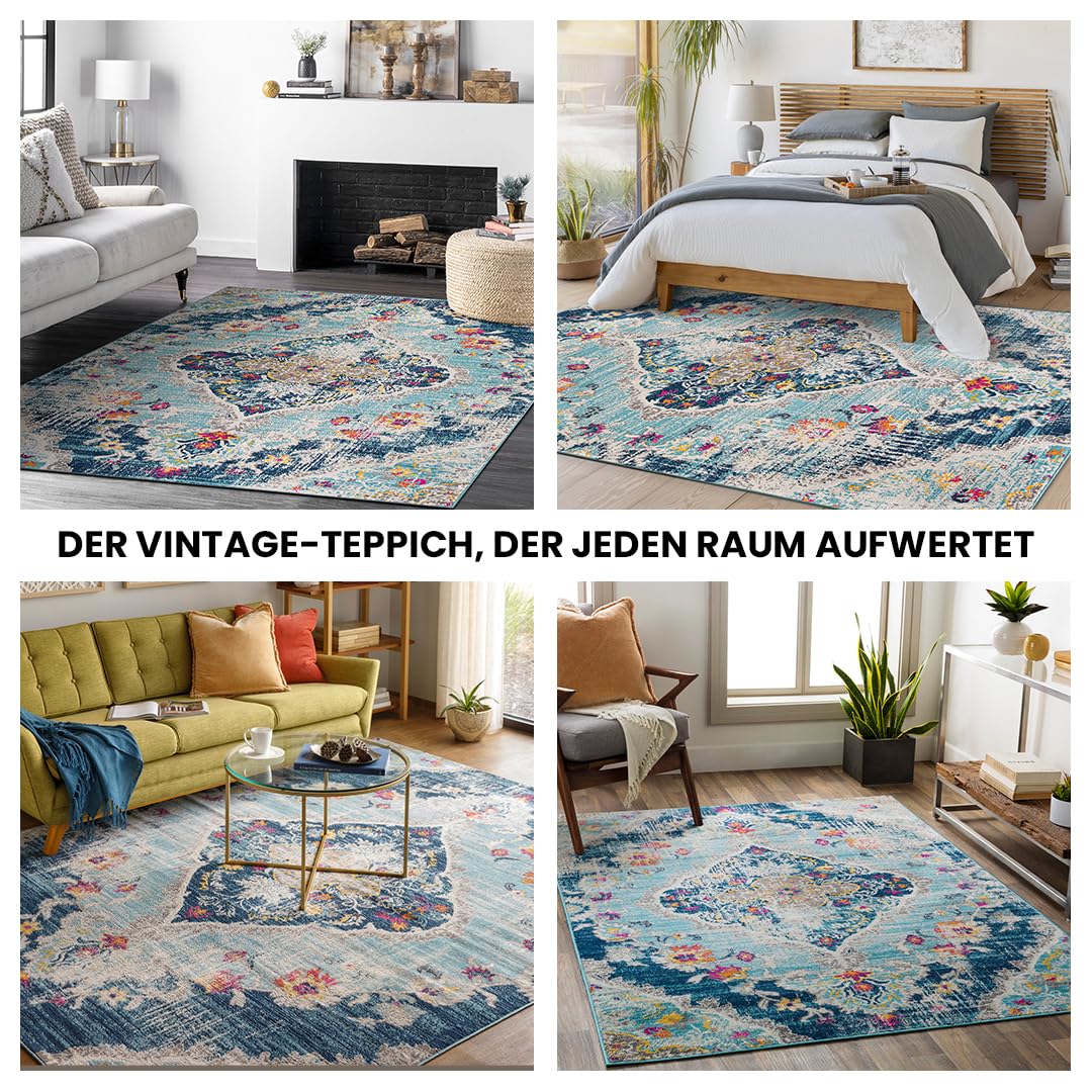 Livabliss Romy Palma Vintage Boho 200x275 cm – Orientalisches Muster bunt in Blau, Fuchsie, Senfgelb & Orange, stilvoll für Wohnzimmer, Schlafzimmer & Esszimmer