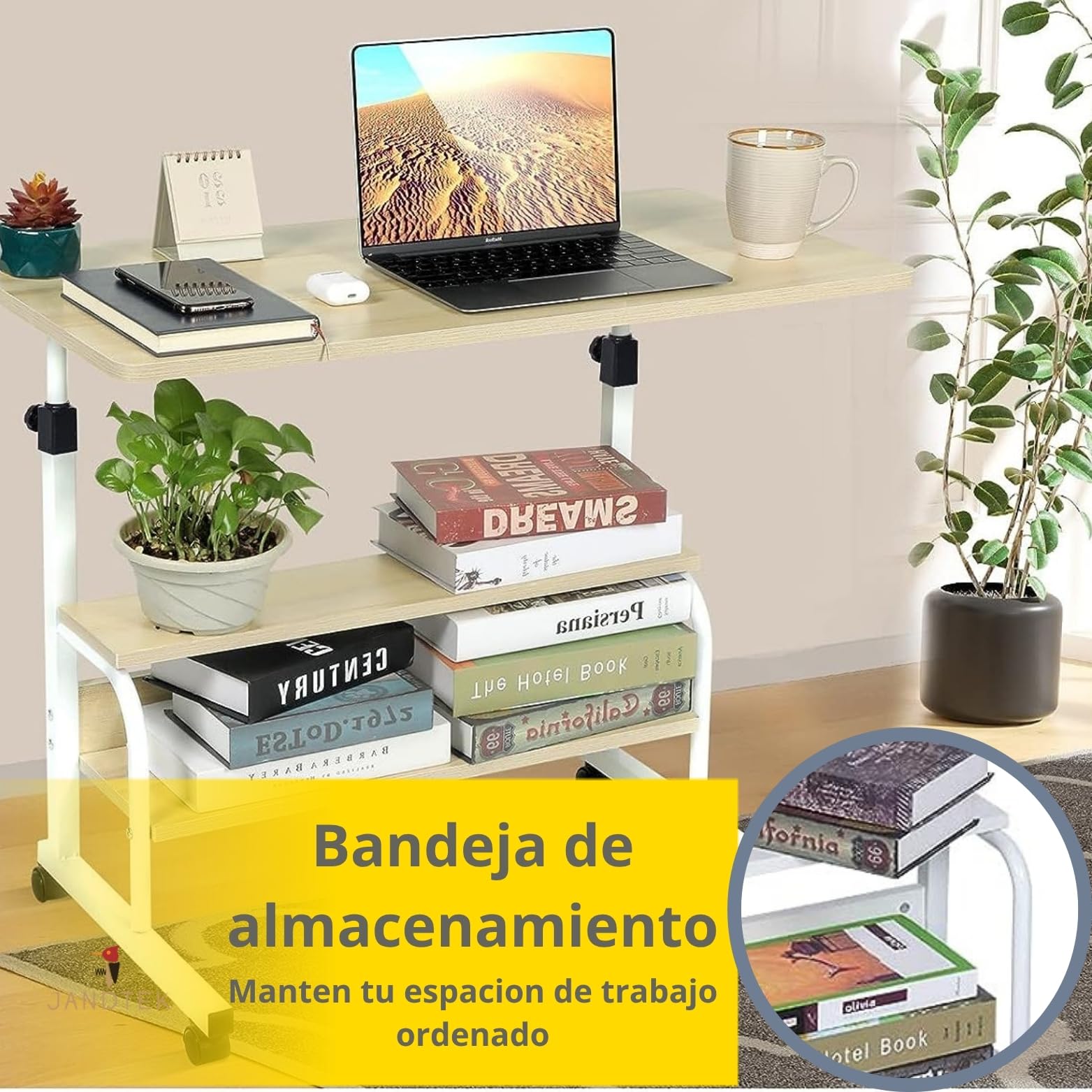 Mesa Ordenador Portátil con Ruedas y Altura Regulable – Escritorio Pequeño para Sofá, Cama y Teletrabajo – Mesa Auxiliar con Estante Inferior para Espacios Reducidos (Marron 80x40)