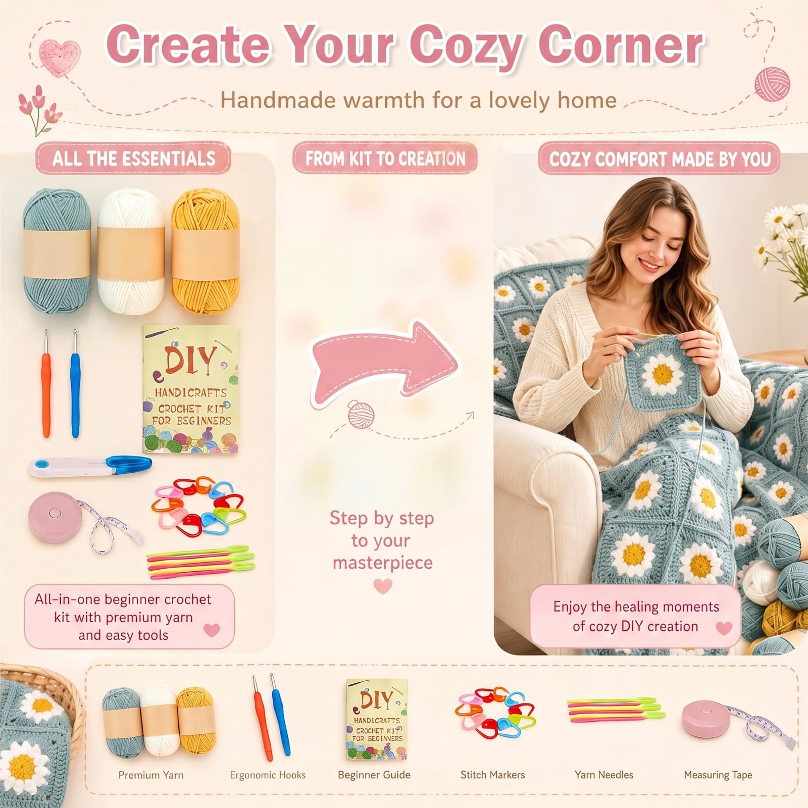 Kit Crochet Debutant Complet,Avec Instructions,Laine et Accessoires,Vidéos
