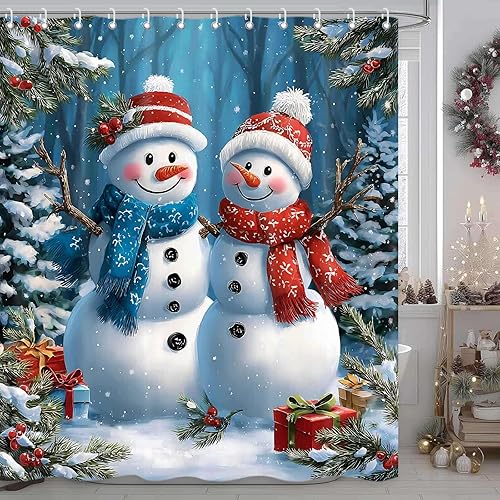 Cortina de ducha de muñeco de nieve de Navidad, árbol de Navidad, bosque de invierno, rústico, casa de campo, juego de cortinas de baño de tela