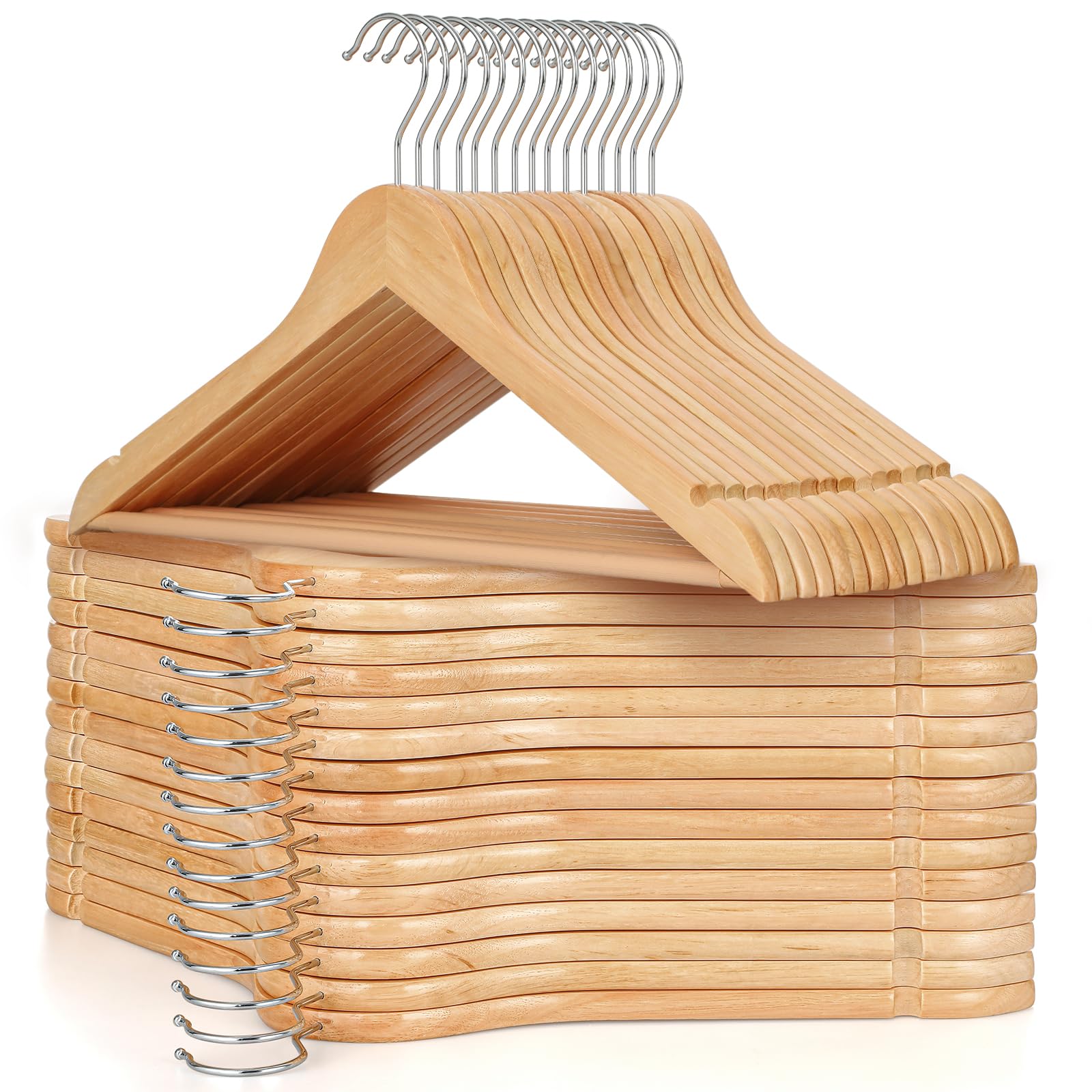 TOPIA HANGER Wooden Hangers (30 Pack), Natural Wooden Coat Hangers with Non Slip Pants Bar, 360°Swivel Hook and Shoulder Notches for Suit, Jacket, Pants, Smooth Finish Clothes Hangers - CT34N30