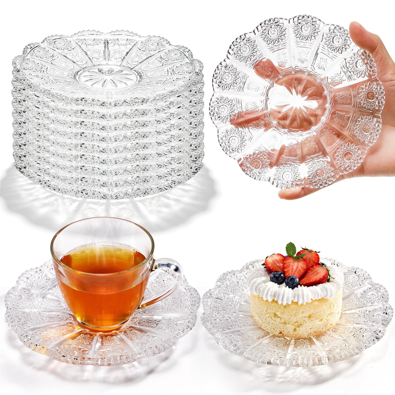 ZEAYEA 10 Pack 5.5 Inch Clear Glass Plates, Small Decorative Dessert Plates for Salad, Fruit, Cake, Snack, Appetizer, Small Meals, Sunflower Pattern Glass Tea Saucer for Teacup
