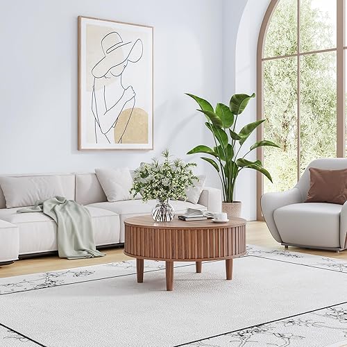 Miniatura 6 de Mesa auxiliar redonda con almacenamiento, mesas de centro modernas acanaladas de mediados de siglo, espacio pequeño, mesa central de madera de 31.5