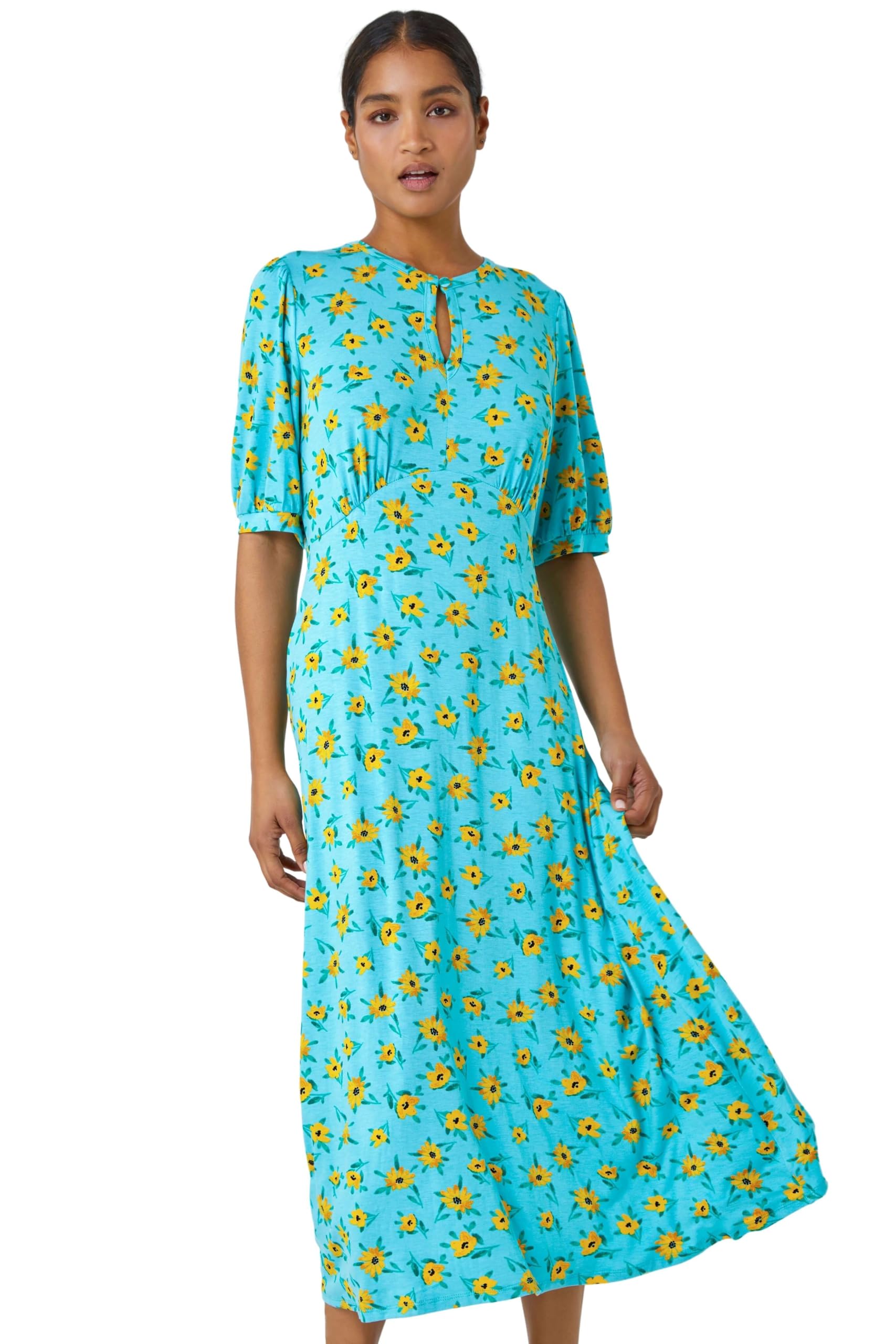 Roman Women's Blue Sunflower Print Keyhole Stretch Midi Dress In | Size: 12