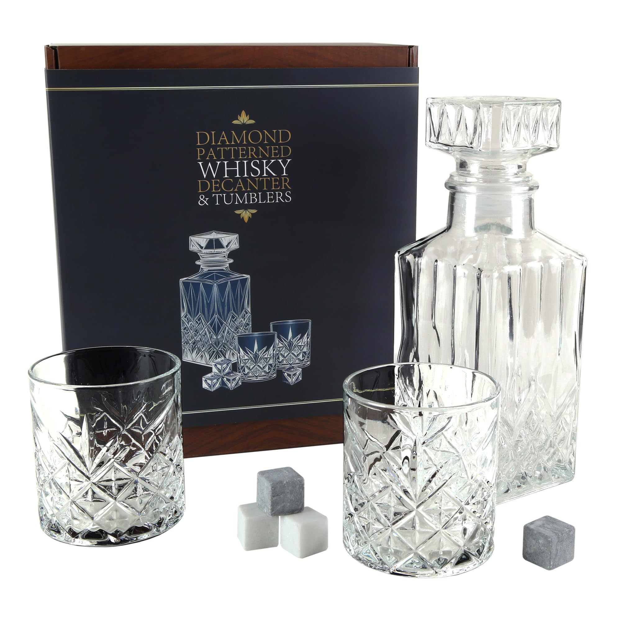 Whisky Decanter and Glasses Gift Set, 900 ml Decanter, 2 Glasses, 4 Stones