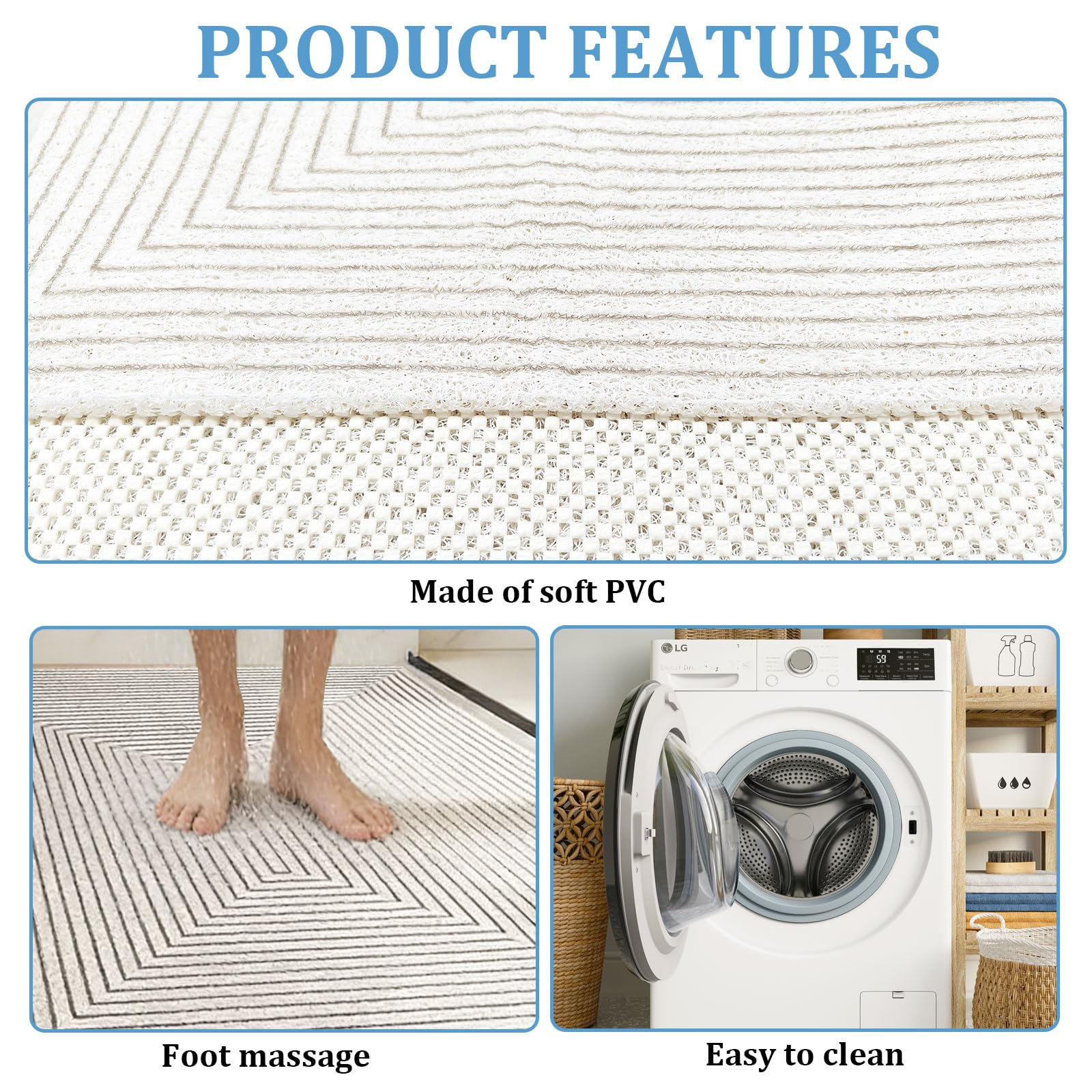 Tappetino da doccia, antiscivolo, antiscivolo, per vasca da bagno, in morbido PVC, antiscivolo, per doccia, per zone umide, ad asciugatura rapida (bianco, 60 x 120 cm)