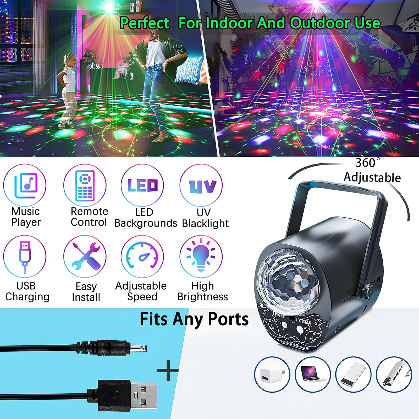 Luci discoteca,palla da discoteca,3 IN 1 Strobo Discoteca,360° rotante,con Telecomando,1 M Cavo USB,luci discoteca a ritmo di musica,per Famiglia, Festa Disco Bambini, Feste, Club, Matrimoni