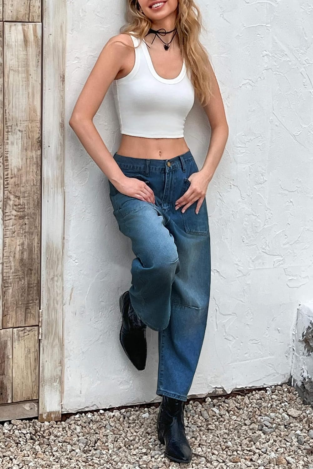 PLNOTME Womens Baggy Barrel Horseshoe Jeans High Waisted Wide Leg Vintage Denim Pants with Front Pockets - Image 5