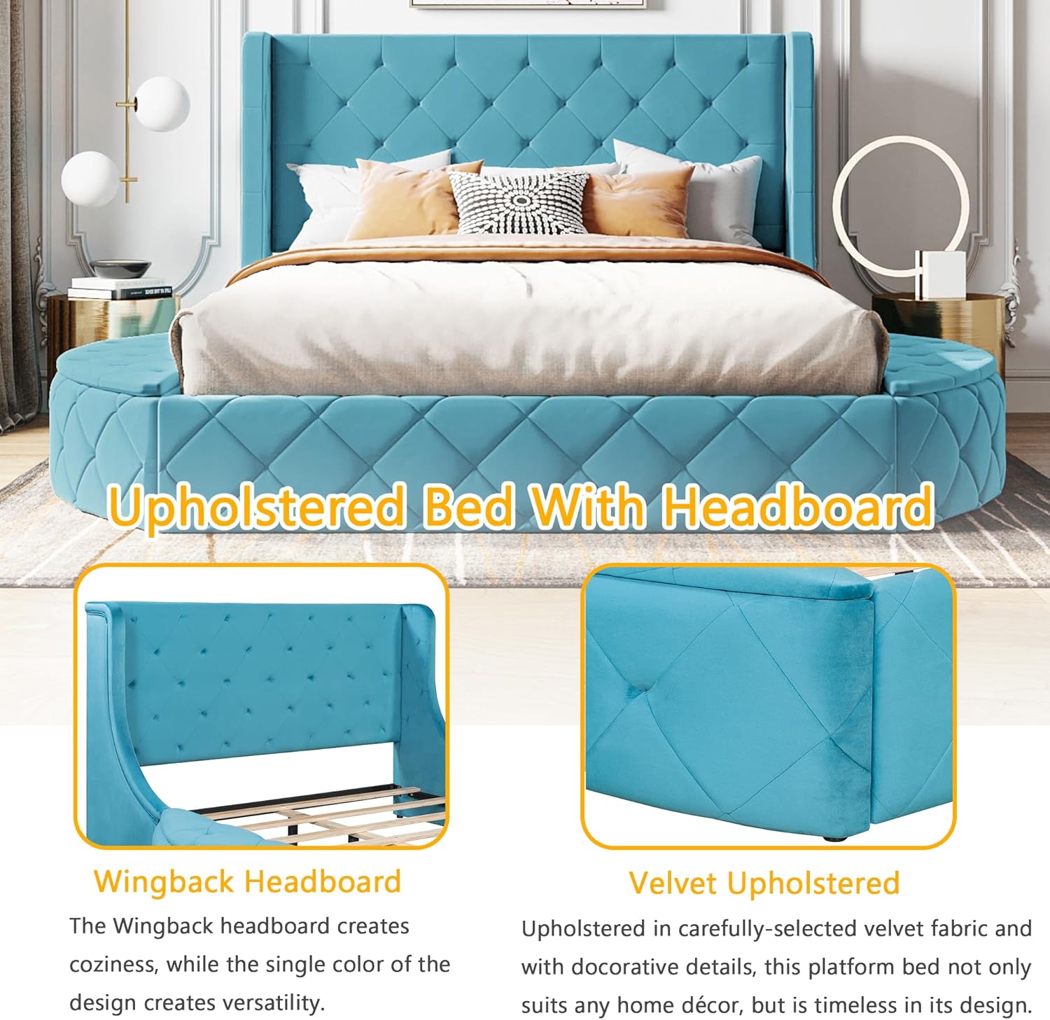Bellemave Velvet Upholstered Queen Platform Bed with Storage, Queen Size Bed Frame with Headboard, 1 Big Drawer and 2 Side Storage Stool, Strong Wooden Slats/Easy Assembly (Blue)
