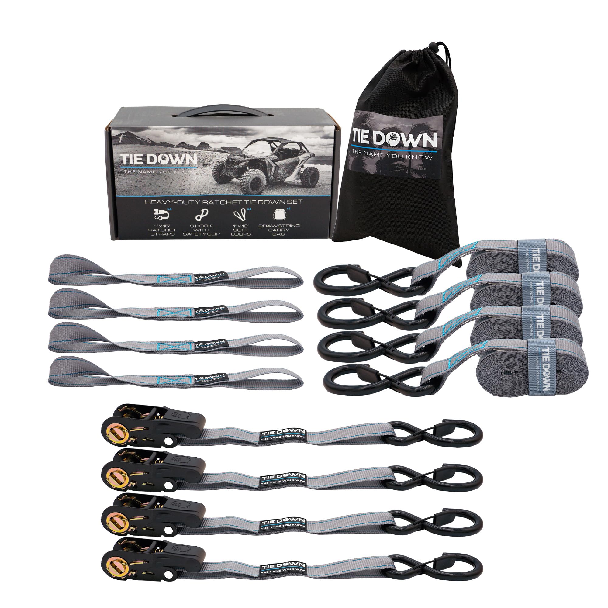 Tie Down Correa de trinquete gris de 1 pulgada x 15 pies, kit de 4 unidades – 2200 libras. Límite de carga de rotura
