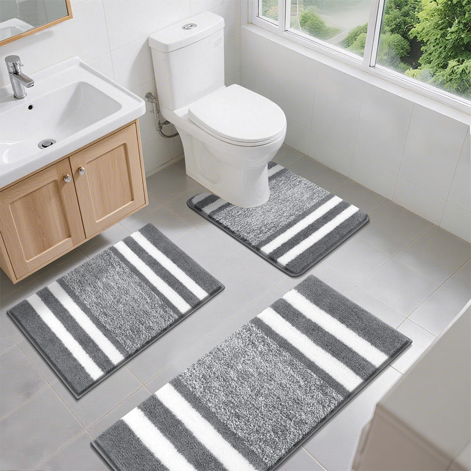 Pauwer, set di 3 tappetini da bagno antiscivolo e tappetino per wc, super assorbente, tappeti da bagno in microfibra morbida e peluche, lavabili in lavatrice, tappeti da doccia per il pavimento del