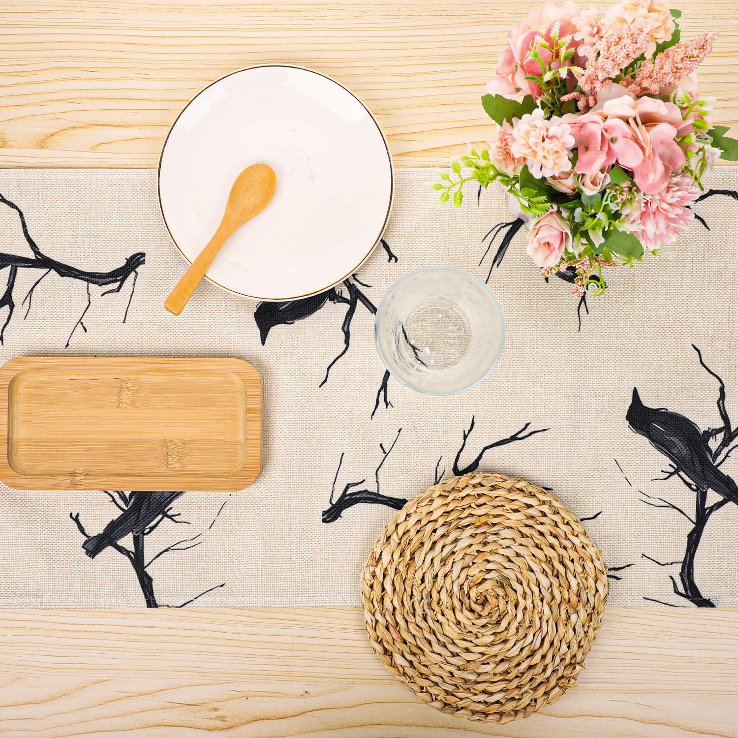 Halloween Tischläufer Mit Krähen & Bäumen – Schwarz-weiß, Leinen, 33x183 Cm, Für Grusel-Partys Drinnen & Draußen
