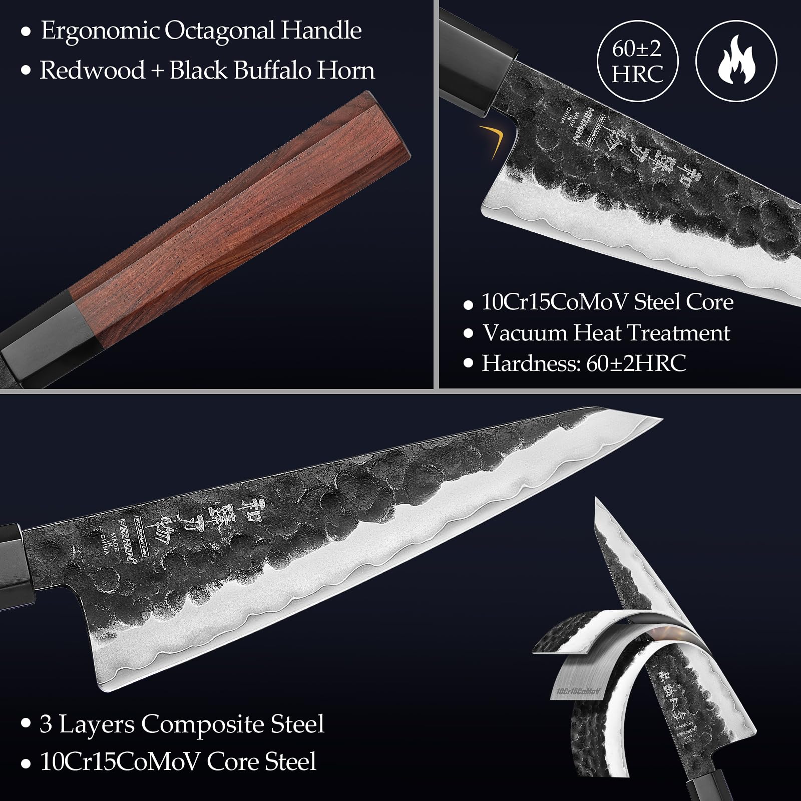 HEZHEN Acciaio Placcato Honesuki Coltello Universale, Affilato Come un Rasoio Coltello da Cucina Piccolo,Coltello da Spelucchino Taglio di Frutta e Verdura, Manico Ottagonale in Legno Rosso