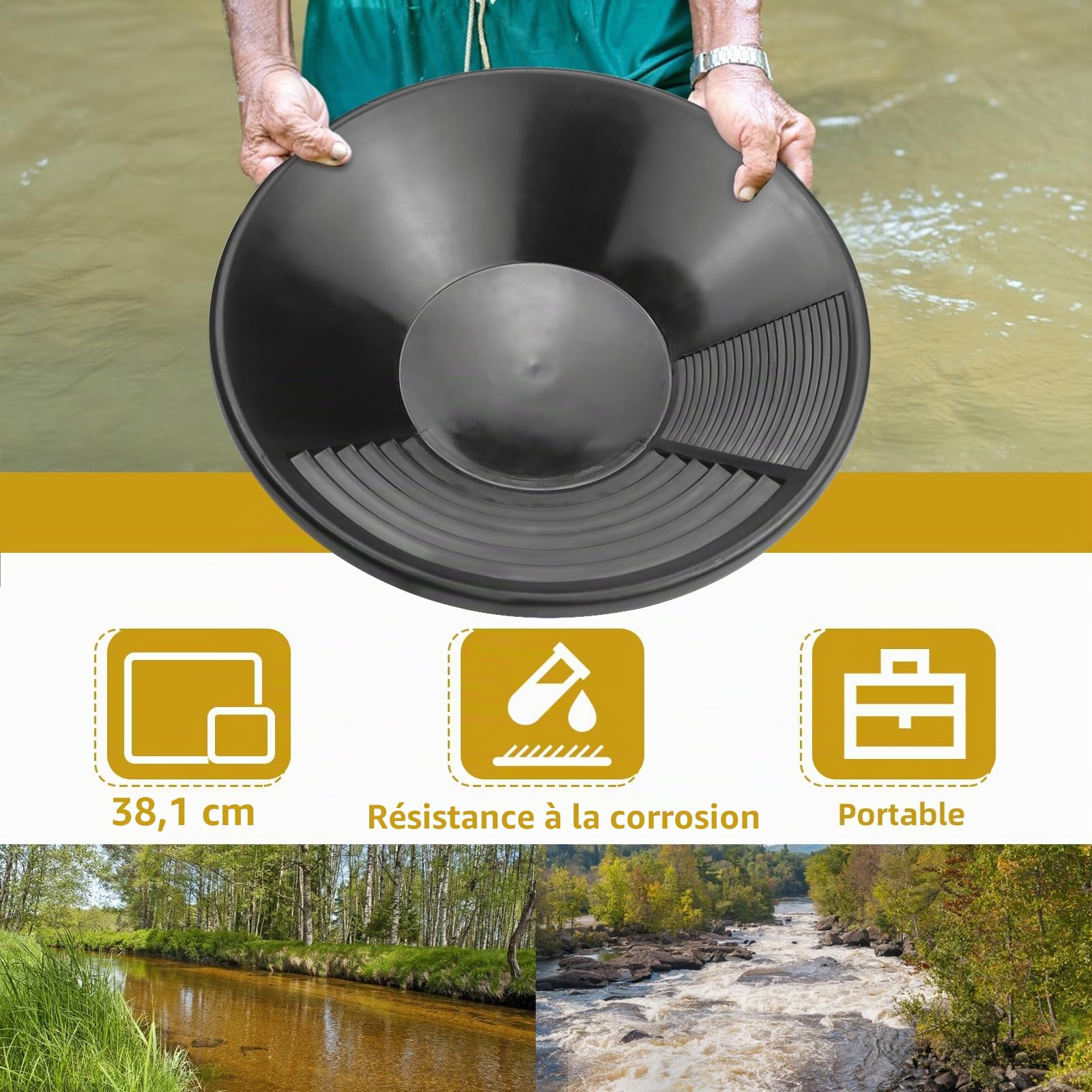 Kit Orpaillage 38,5 X 8,5cm Gold Pan Orpaillage Casserole d'or en Plastique pour l'orpaillage Lavage Tamis Plateau Accessoire pour la Prospection Minière
