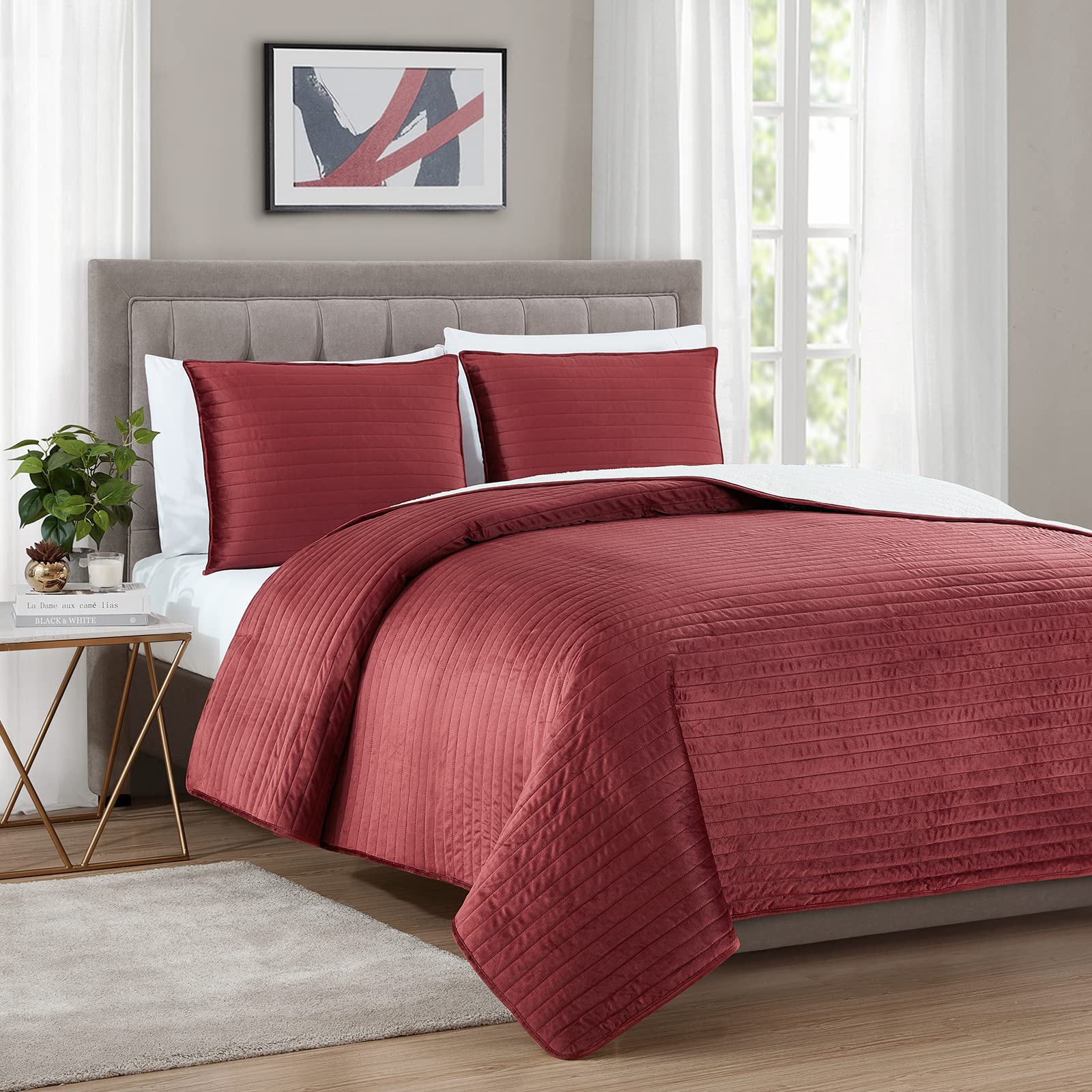 BOURINAVelvet Sherpa Quilt Set, Super Plush Quilt 3-Piece Bedding Large Double-Sided Plush Comfort Softest Quilt Sets, King 106×94 inches Red