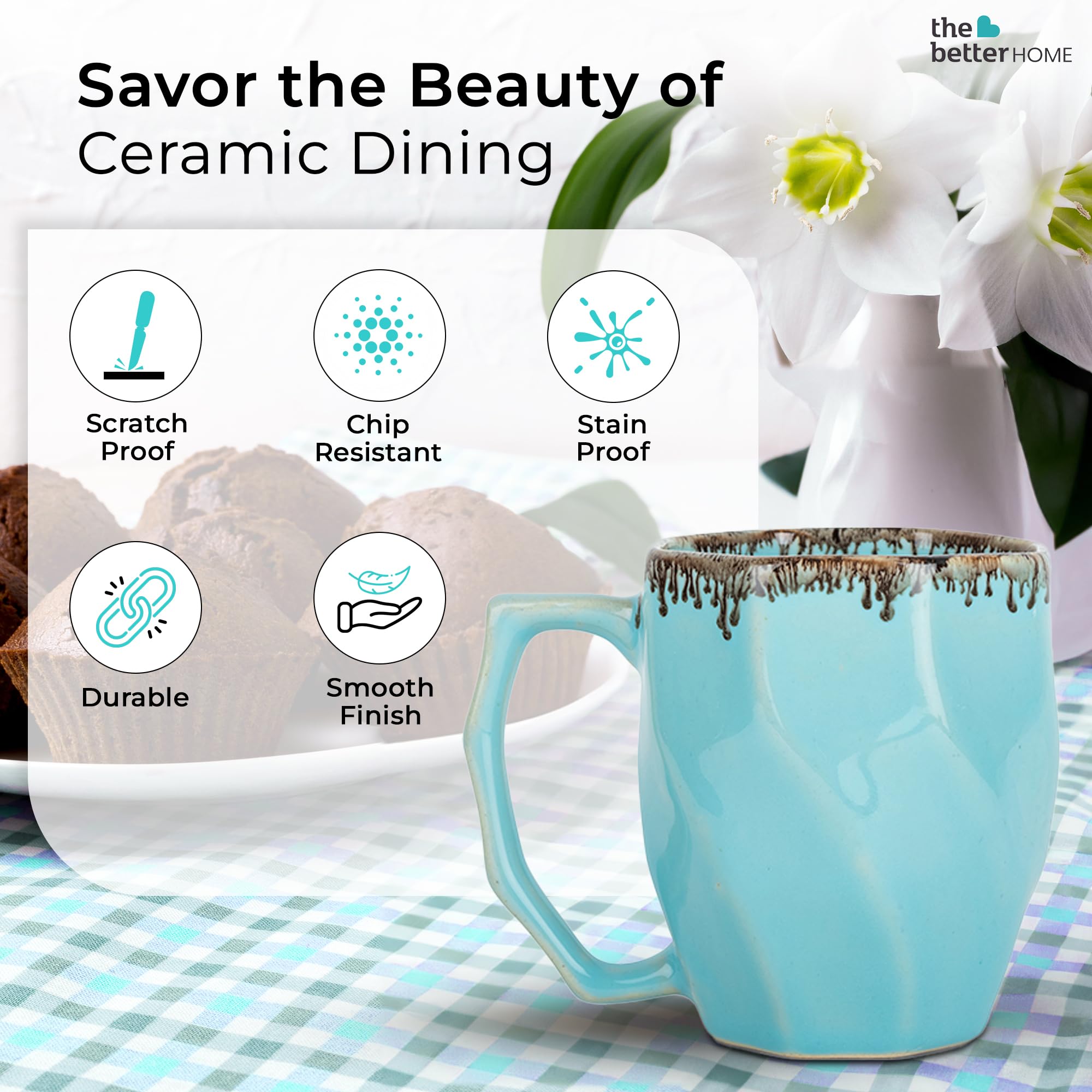 The Better Home Terra Series Ceramic Tea Coffee Cup with Handles (280 ml x 6) | Microwave Safe | Scratch Resistant | Stain Proof | Glossy Finish | Gifting Set | (Pack of 6- Sky Blue) 1