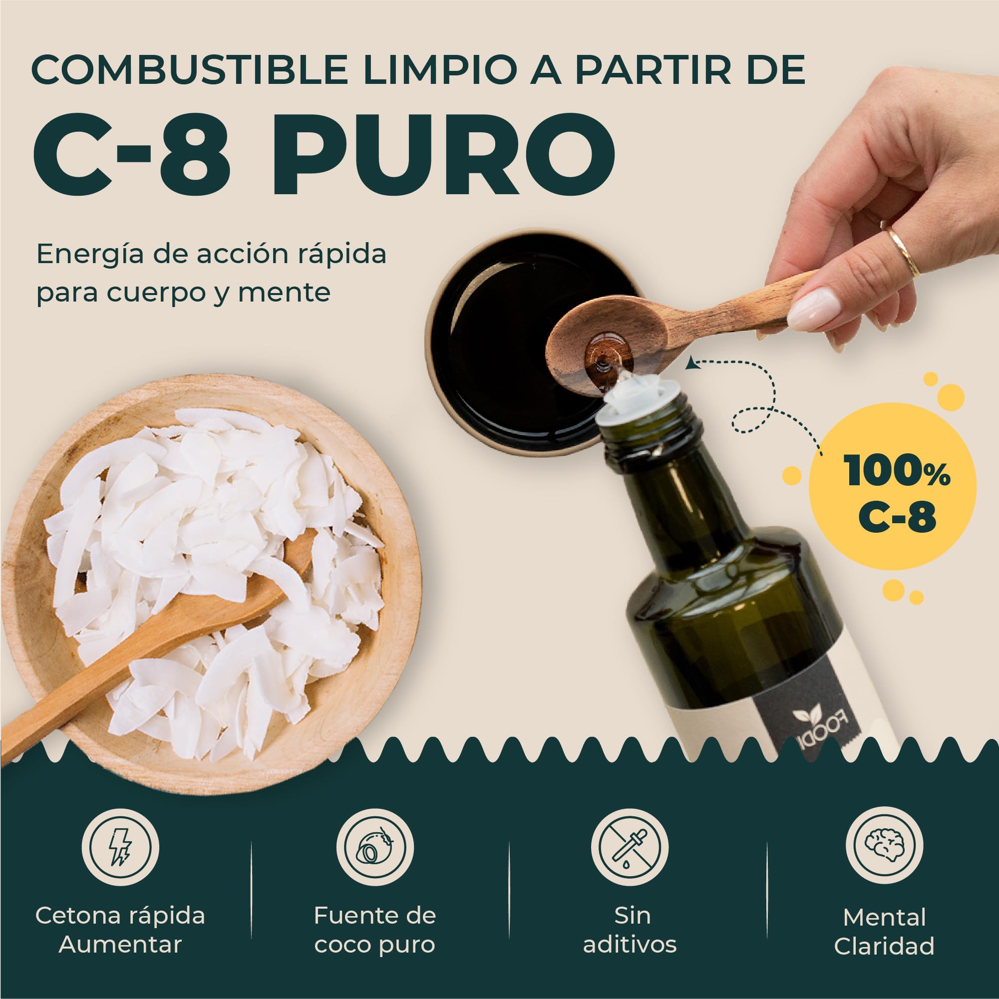 FOODIN Aceite MCT C8, 1000ml Aceite de Coco, Mejor para la Dieta Cetogénica, Aceite MCT Cetonas para Beber, 3x Más Cetonas (100% C8), Aceite de Coco Líquido y Sin Sabor (2x500ml)