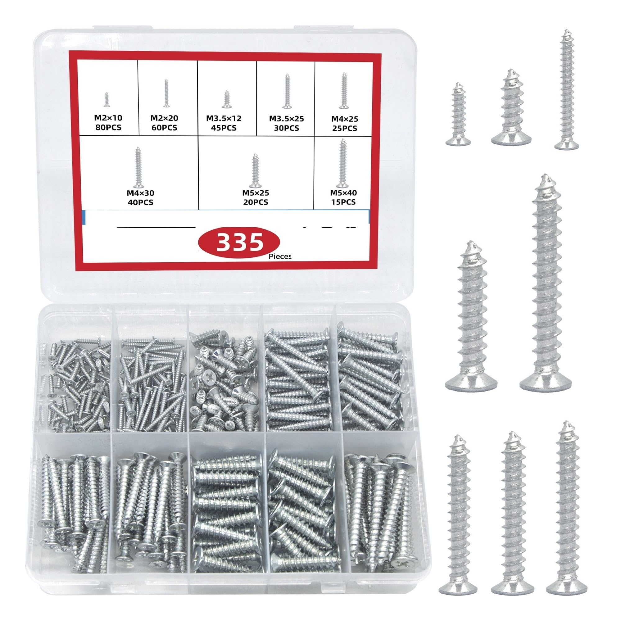 Kit surtido de tornillos de cabeza plana, 335 Uds., juego de puntas, roscado de cabeza plana avellanada empotrada en
