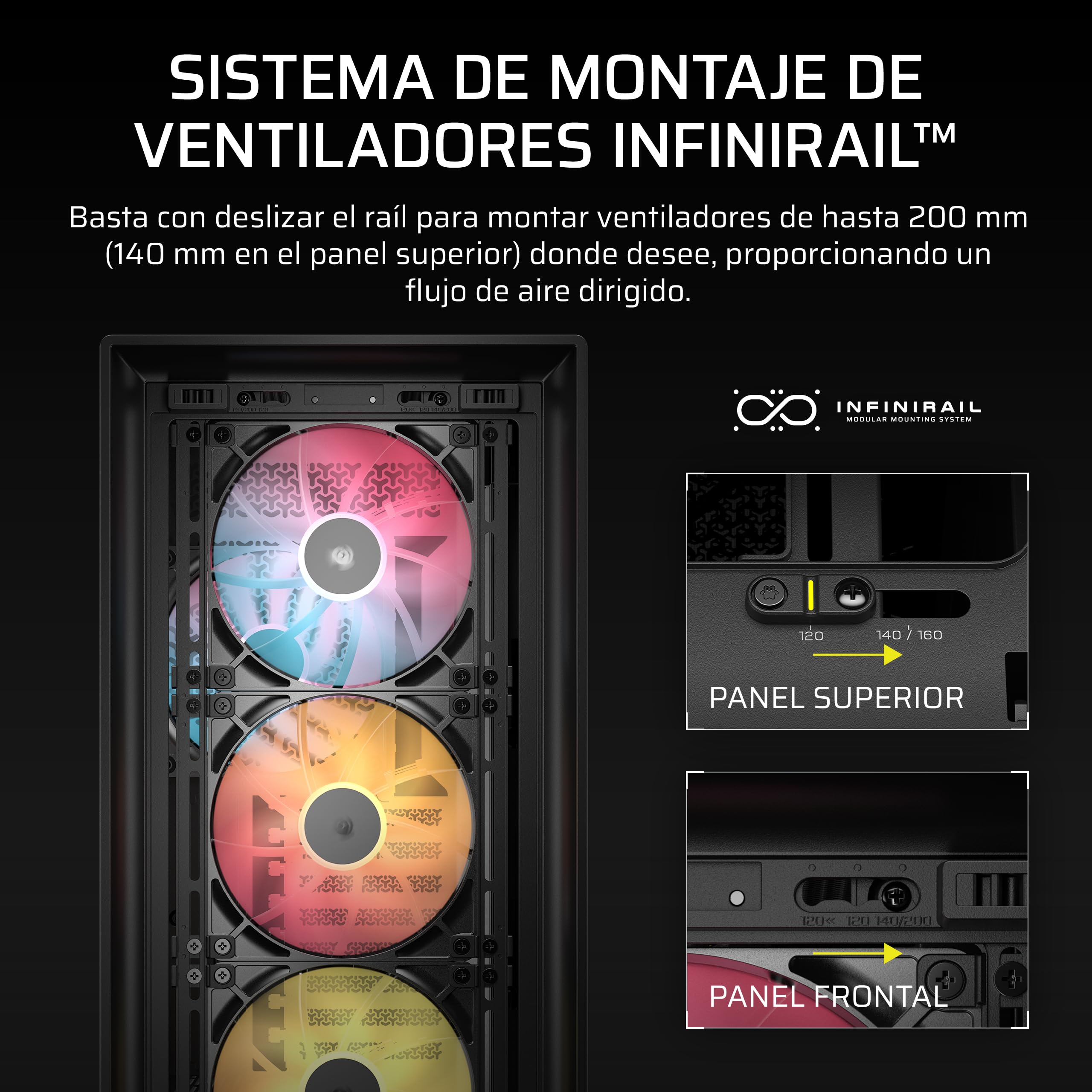 CORSAIR Frame 5000D RS ARGB Caja Modular Mid-Tower de Gran Flujo de Aire para PC – 4X Ventiladores RS Preinstalados, Sistema de Montaje de Ventiladores InfiniRail – Negro